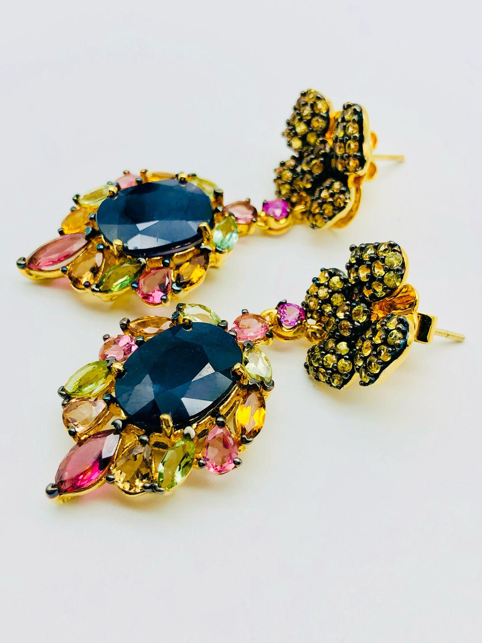 Bochic “Orient” Blue Sapphire & Yellow Sapphire Earrings Set 18K Gold & Silver For Sale 4
