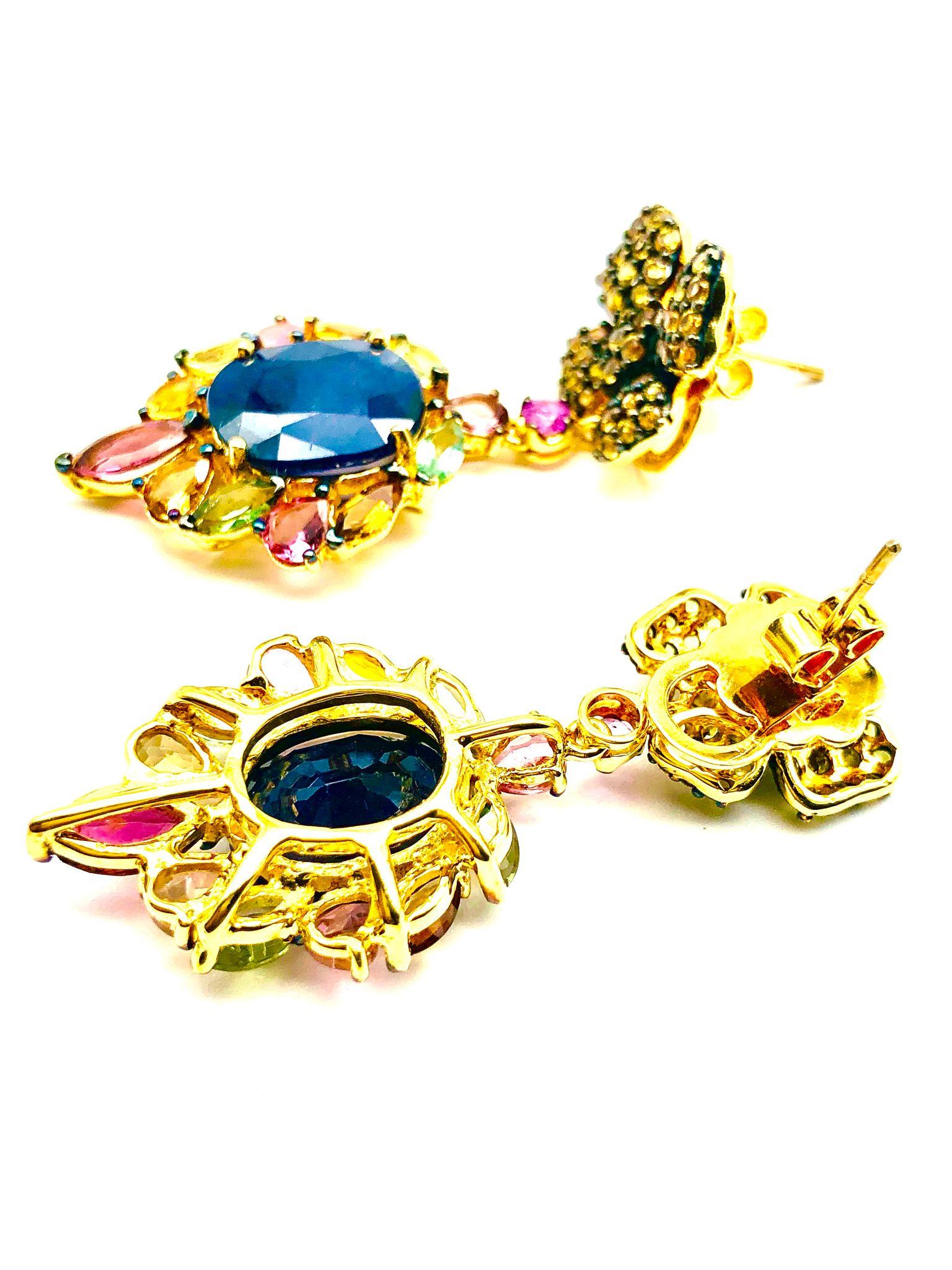Bochic “Orient” Blue Sapphire & Yellow Sapphire Earrings Set 18K Gold & Silver For Sale 5