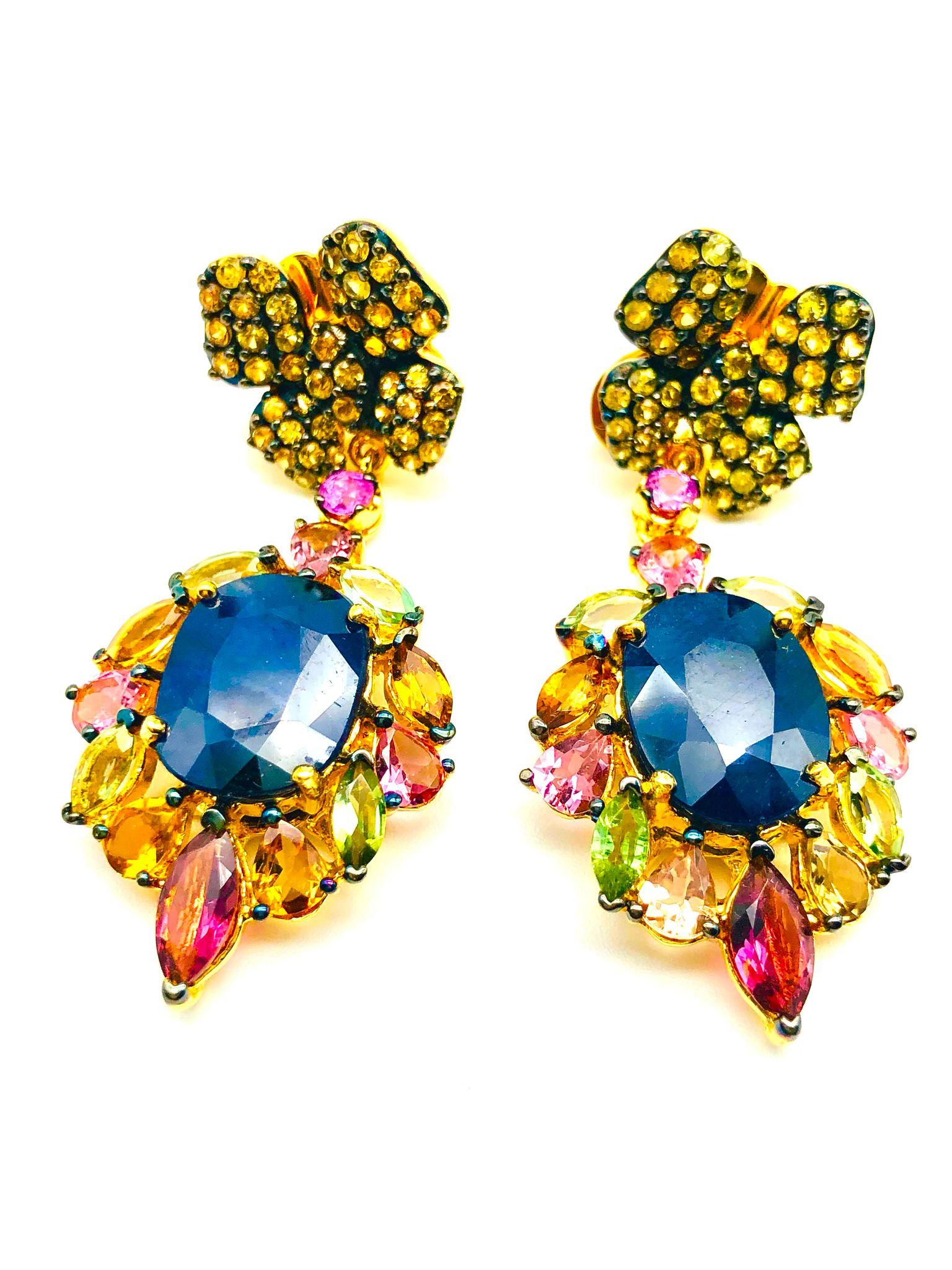 Bochic “Orient” Retro Blue Sapphire, Yellow Sapphire  & Tourmalines Earrings Set In 18K Gold & Silver

Centers - Natural Blue Color Oval Shapes Sapphires 
10.00 carat 
Top - Natural Yellow Color Sapphires -
2.00 carat 
Bottoms - Natural Multi Color