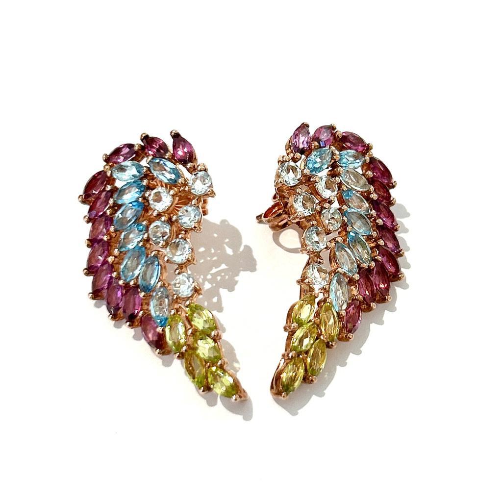 Bochic “Orient” Rodorite, Topaz & Peridot Earrings Set In 18K Gold & Silver  In New Condition For Sale In New York, NY