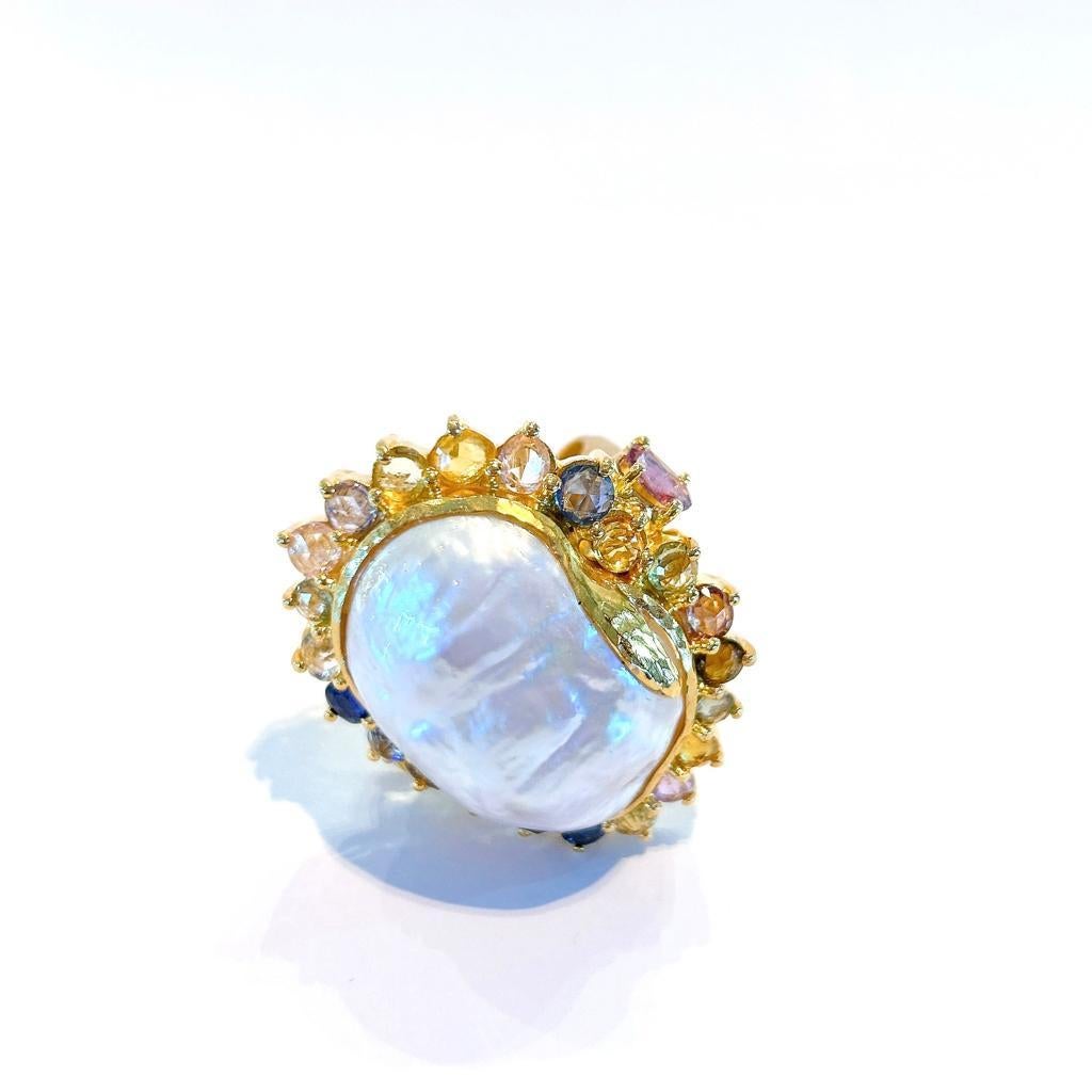 Baroque Bochic “Orient” Rose Cut Sapphire & South Sea Pearl Ring Set 18K Gold & Silver  For Sale