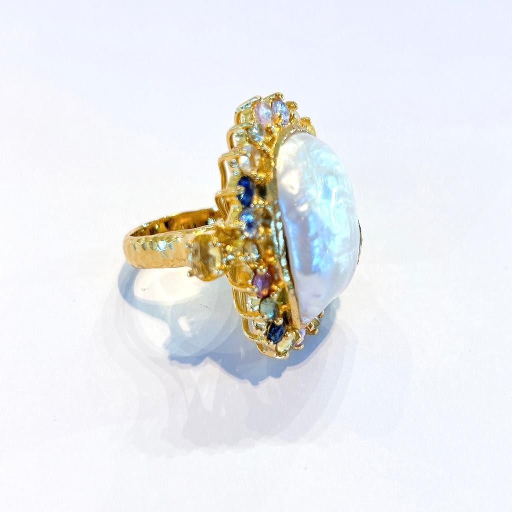 Bochic “Orient” Rose Cut Sapphire & South Sea Pearl Ring Set 18K Gold & Silver  For Sale 1