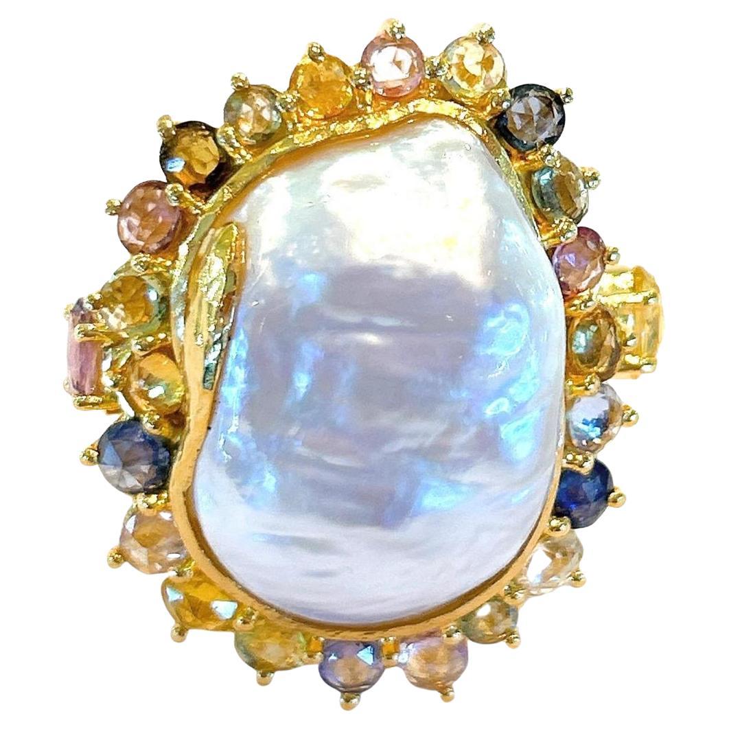 Bochic “Orient” Rose Cut Sapphire & South Sea Pearl Ring Set 18K Gold & Silver  For Sale