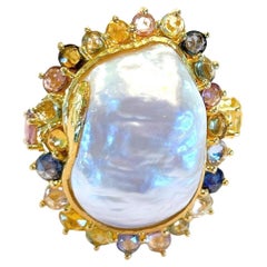 Bochic “Orient” Rose Cut Sapphire & South Sea Pearl Ring Set 18K Gold & Silver