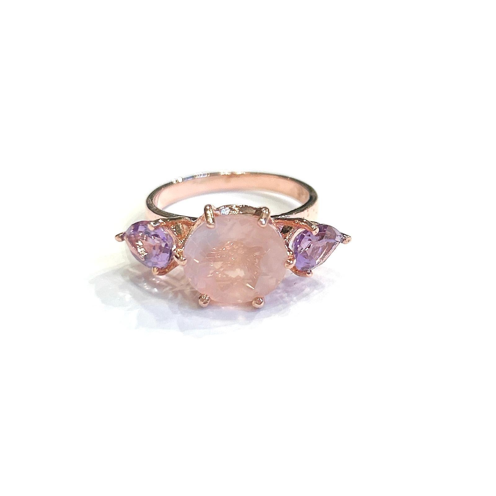 Retro Bochic “Orient” Rose Quartz & Amethyst 3 Gem Ring, Set 18K White Gold & Silver For Sale