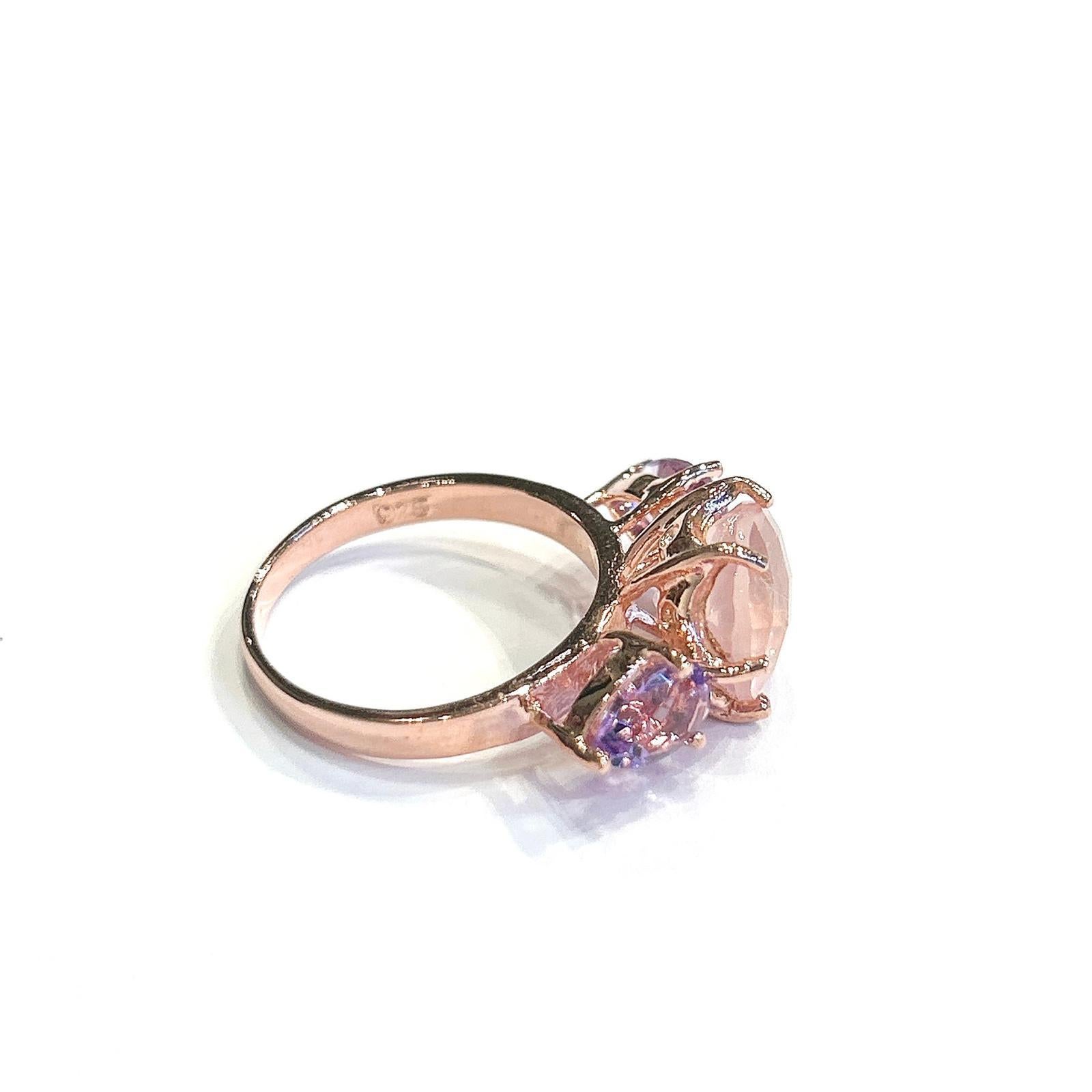 Trillion Cut Bochic “Orient” Rose Quartz & Amethyst 3 Gem Ring, Set 18K White Gold & Silver For Sale
