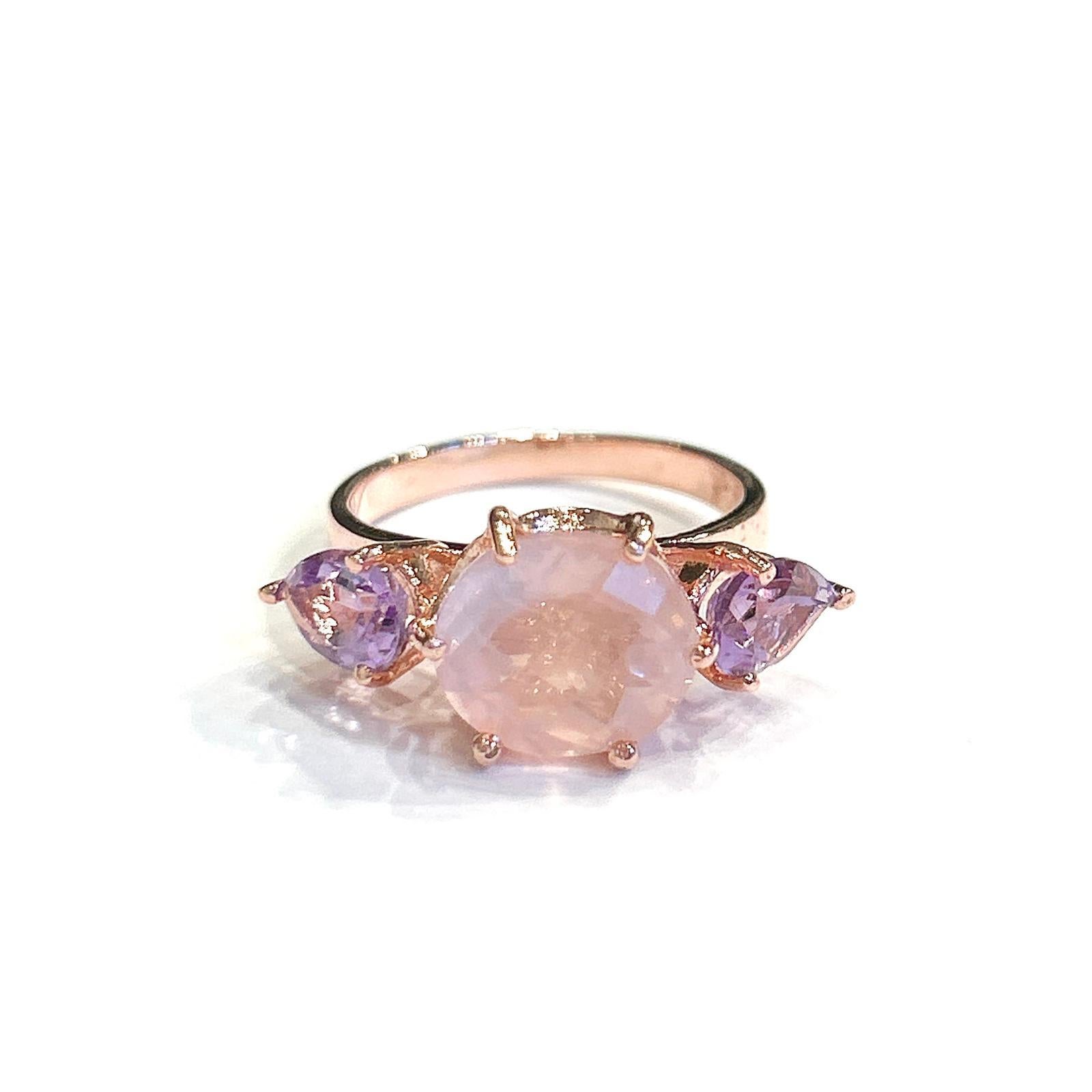 Women's or Men's Bochic “Orient” Rose Quartz & Amethyst 3 Gem Ring, Set 18K White Gold & Silver For Sale