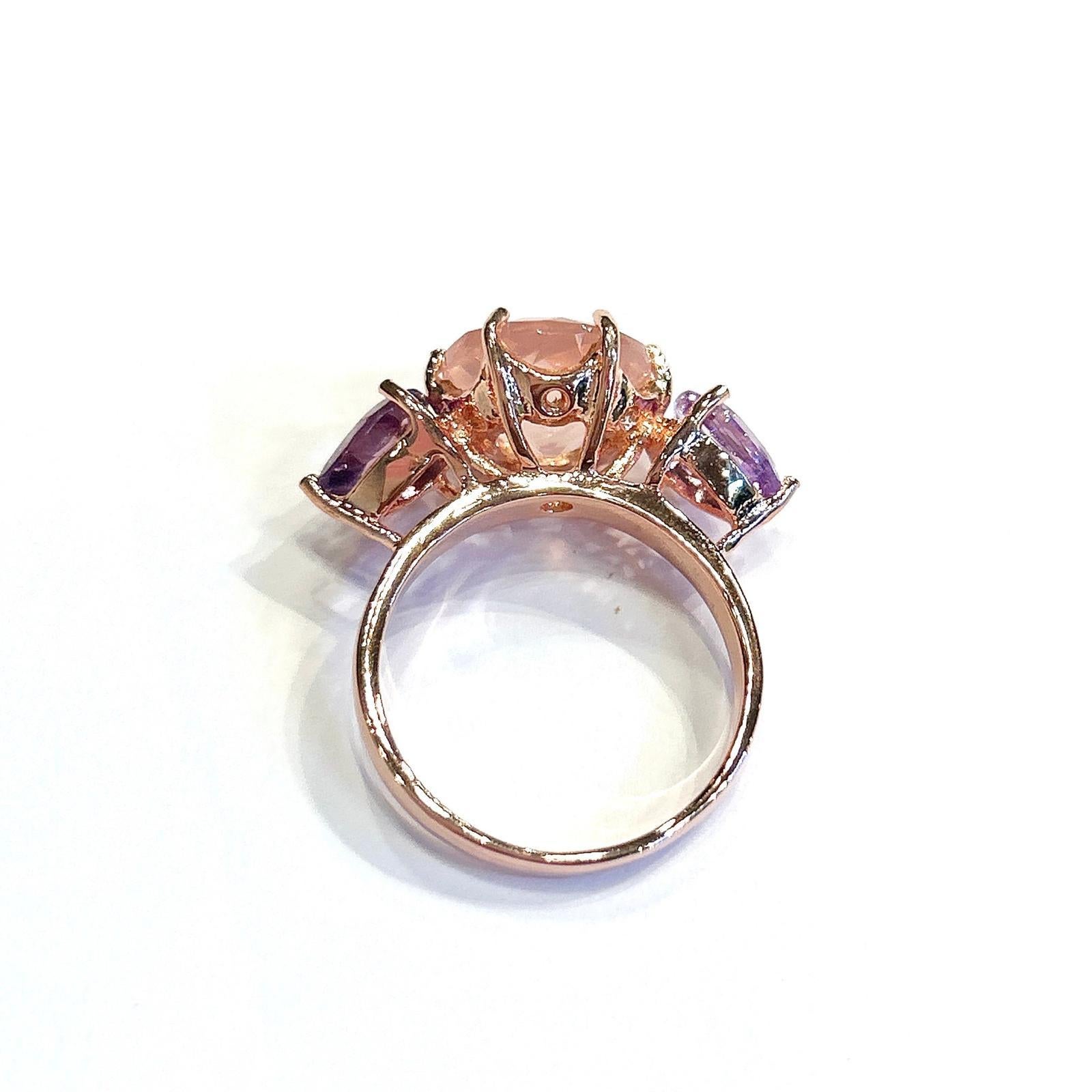 Bochic “Orient” Rose Quartz & Amethyst 3 Gem Ring, Set 18K White Gold & Silver For Sale 3