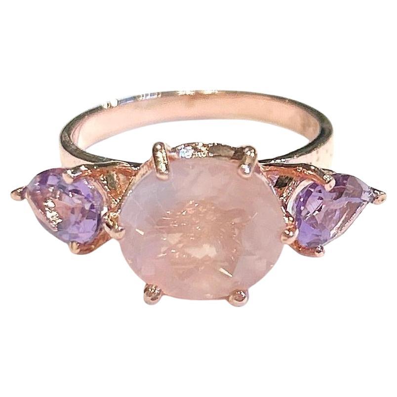 Bochic “Orient” Rose Quartz & Amethyst 3 Gem Ring, Set 18K White Gold & Silver