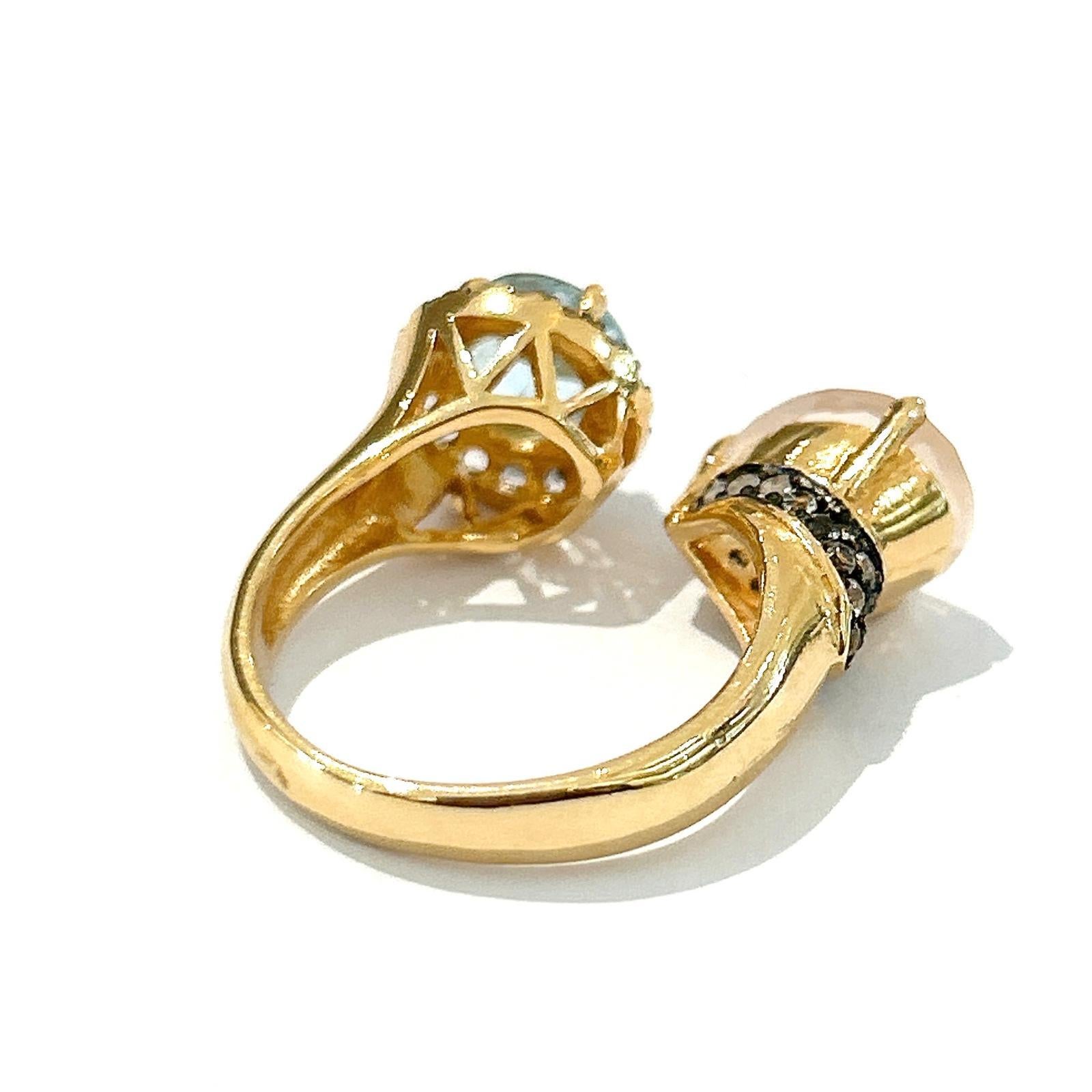 Bochic “Orient” Rose Quartz & Blue Topaz  Ring Set In 18K Gold & Silver For Sale 5