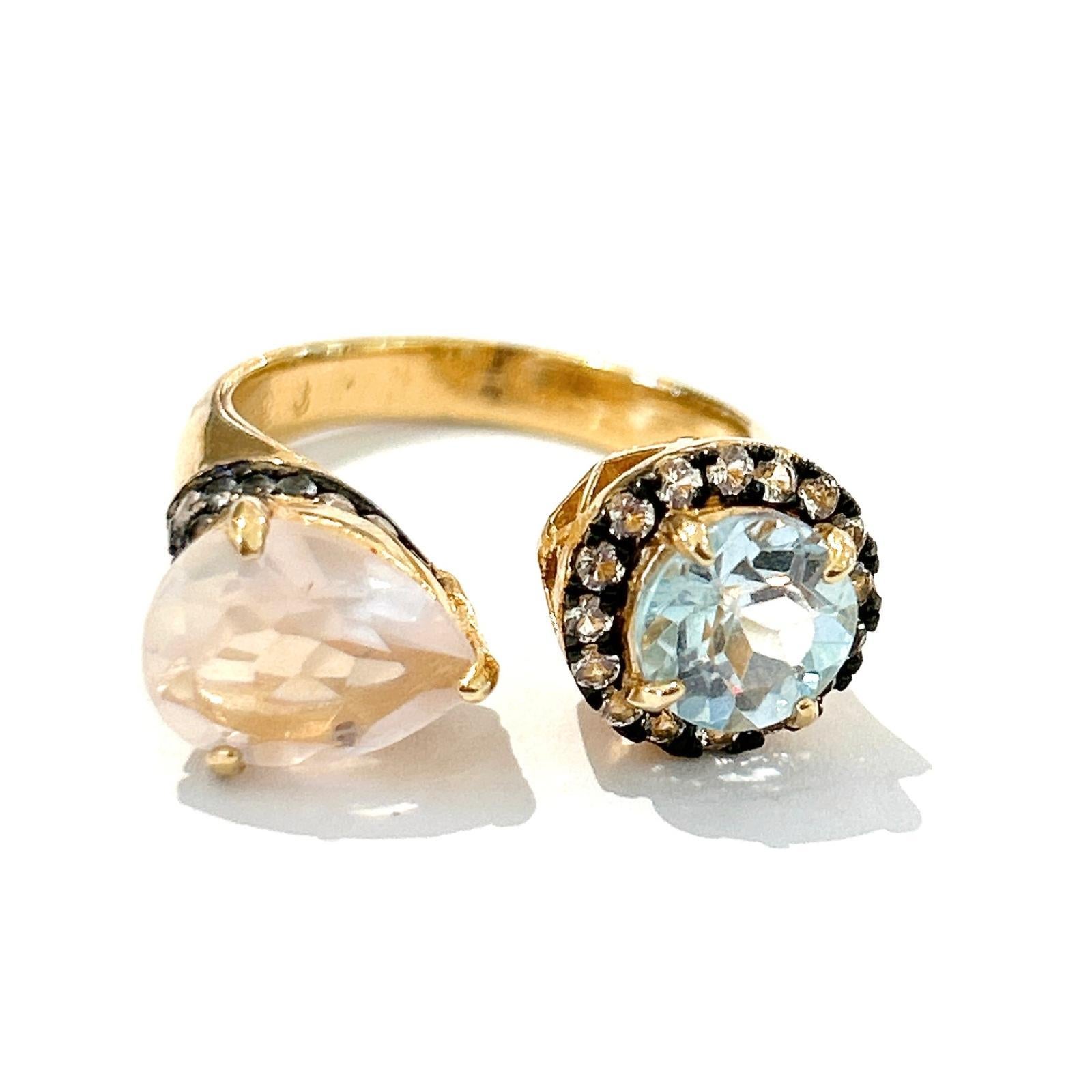 Bochic “Orient” Rose Quartz & Blue Topaz  Ring Set In 18K Gold & Silver  

Natural Rose Quartz  - 1.50  carats 
Natural Blue Topaz   - 1.50  carats
Natural White Topaz 

This Ring is from the 