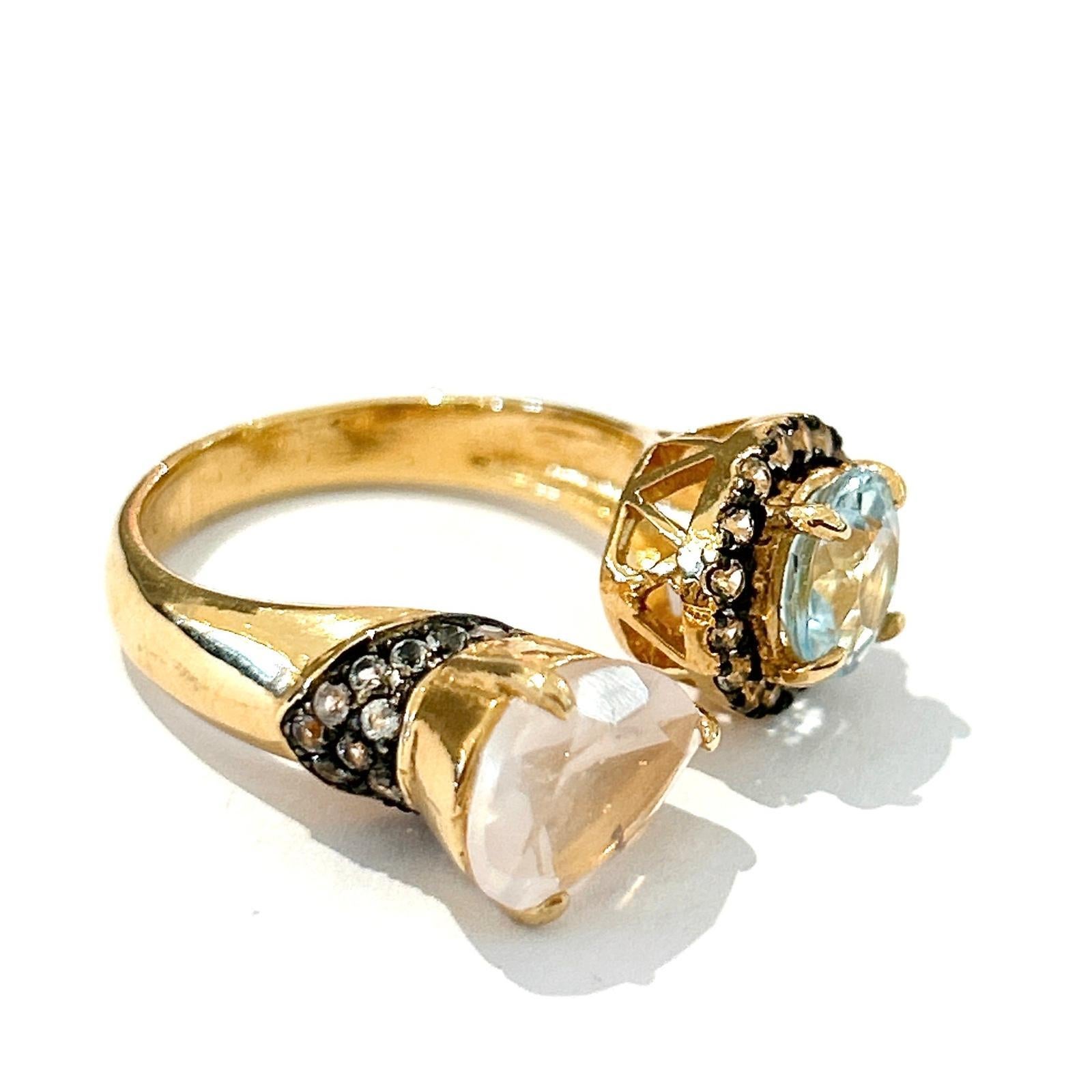 Art Deco Bochic “Orient” Rose Quartz & Blue Topaz  Ring Set In 18K Gold & Silver For Sale