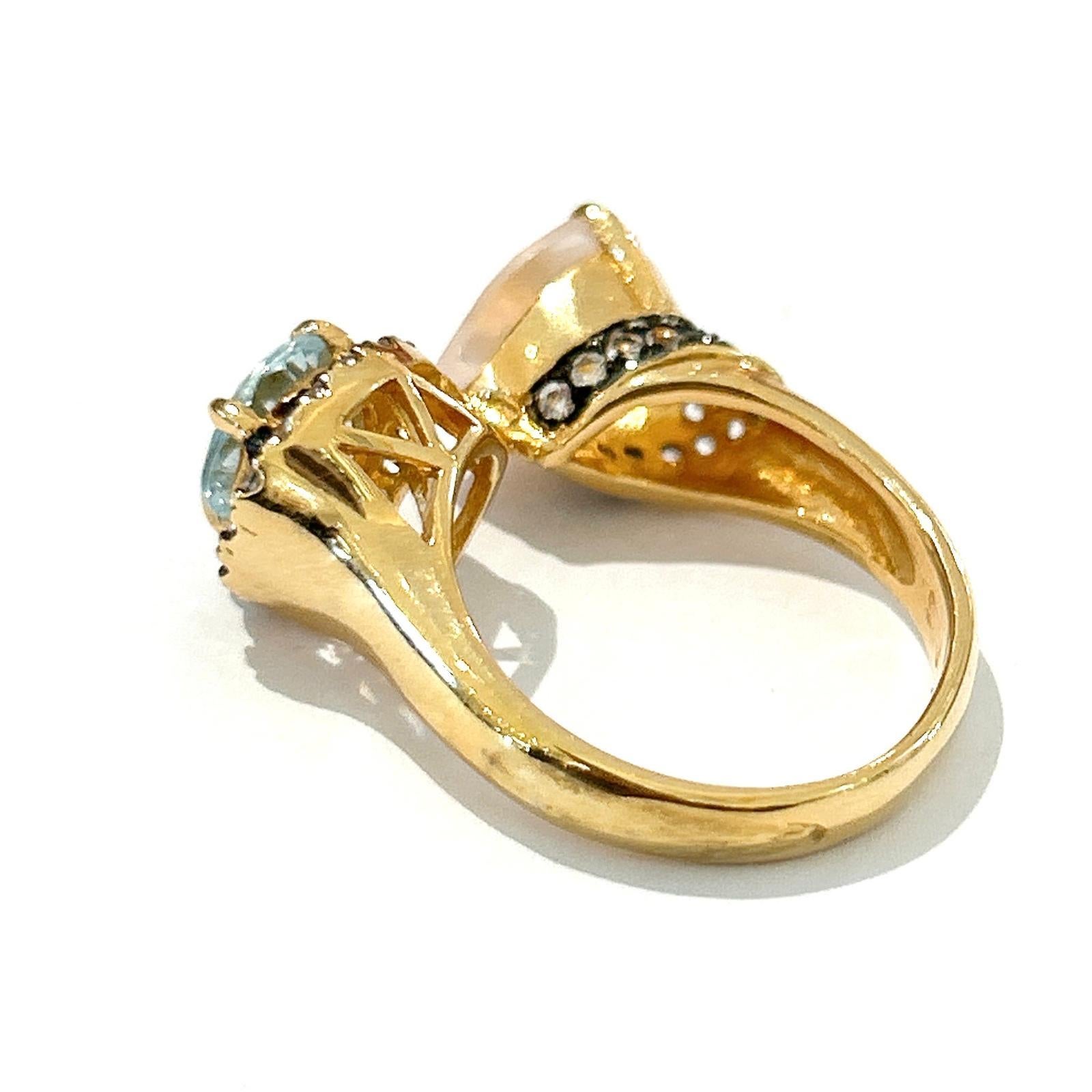 Rose Cut Bochic “Orient” Rose Quartz & Blue Topaz  Ring Set In 18K Gold & Silver For Sale
