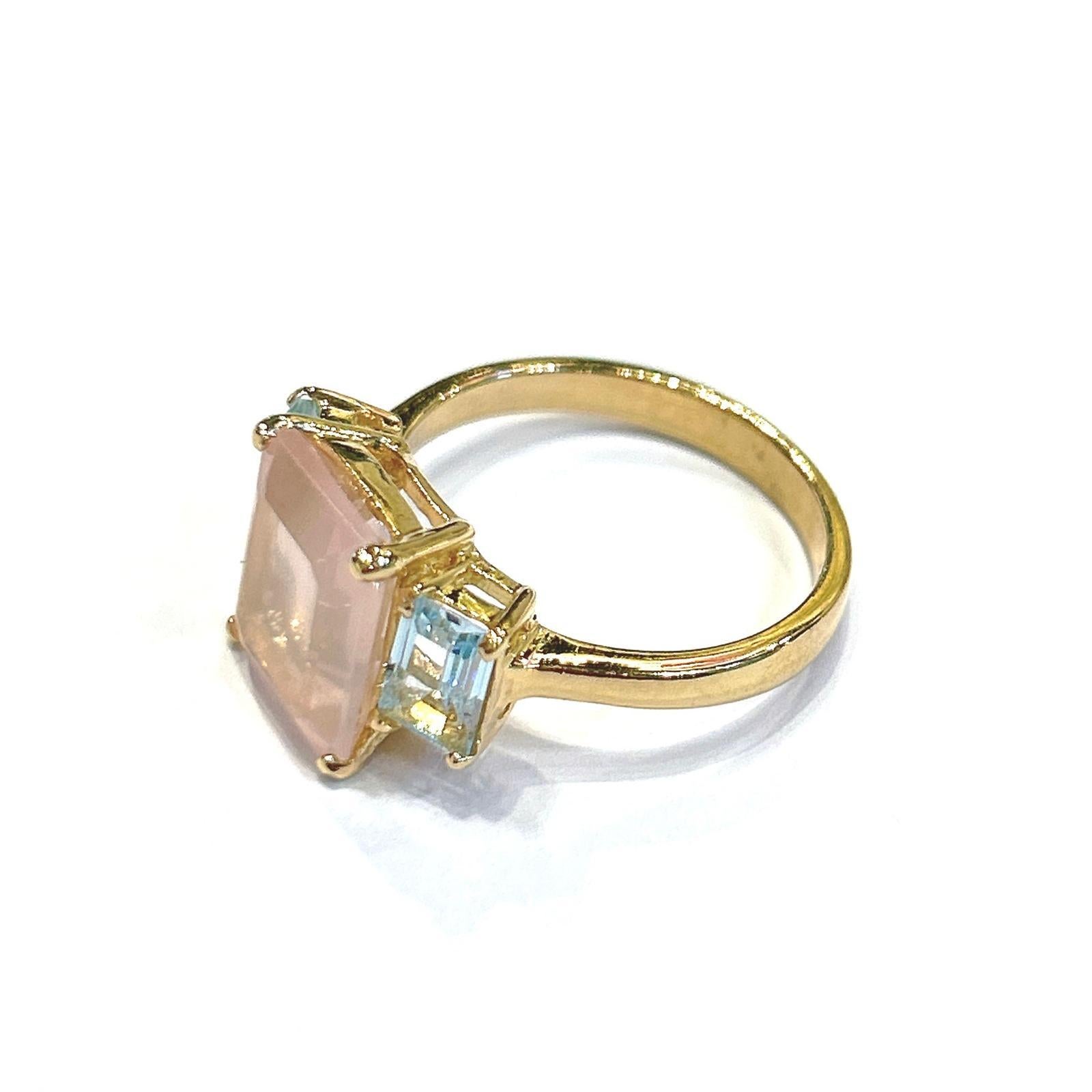 Art Nouveau Bochic “Orient” Rose Quartz & Light Blue Topaz Ring Set In 18K Gold & Silver For Sale