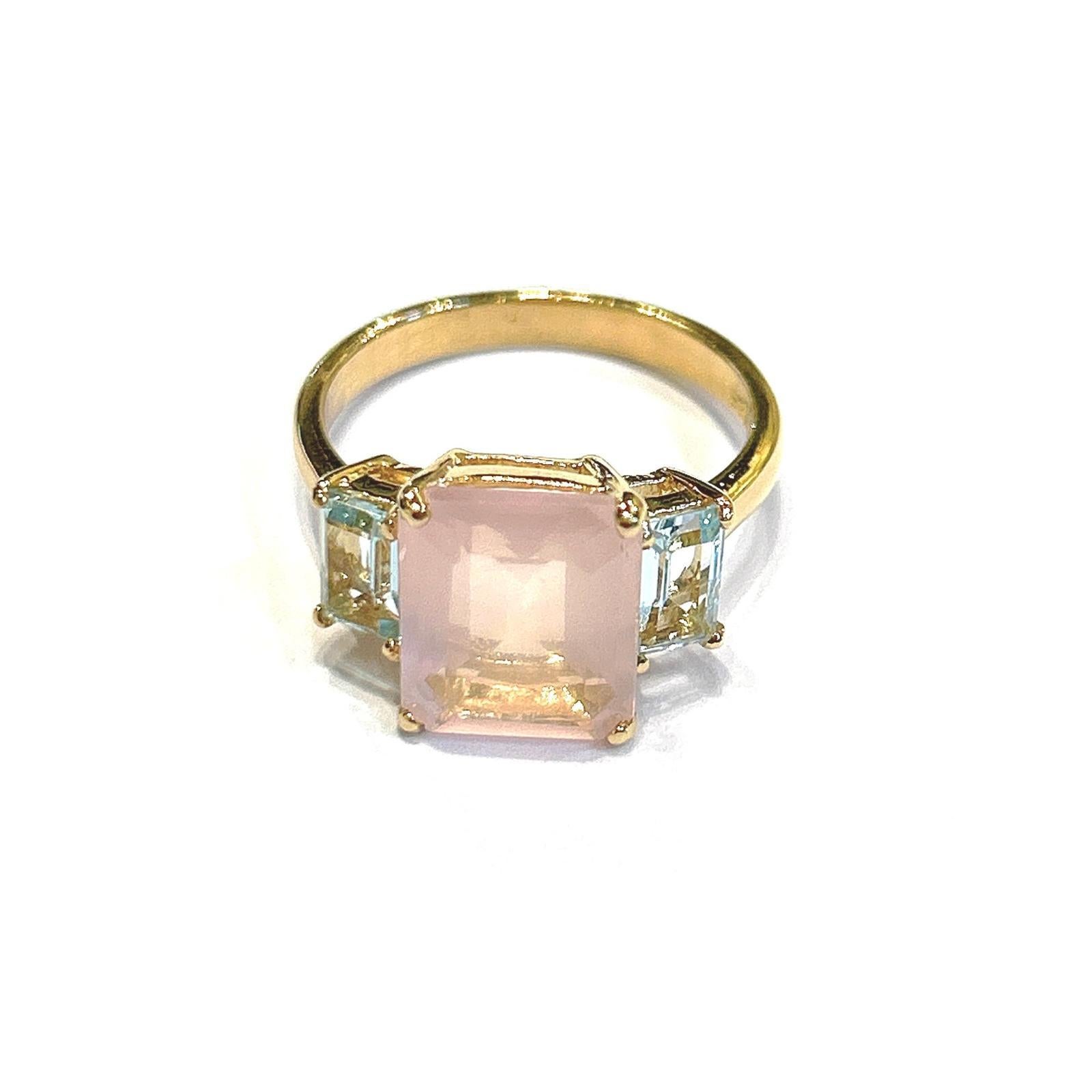 Emerald Cut Bochic “Orient” Rose Quartz & Light Blue Topaz Ring Set In 18K Gold & Silver For Sale