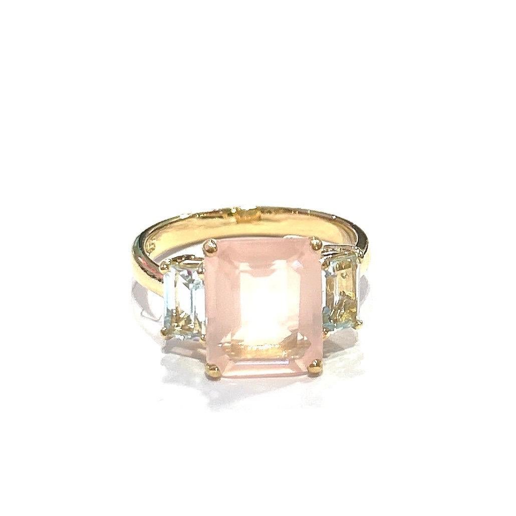 Women's or Men's Bochic “Orient” Rose Quartz & Light Blue Topaz Ring Set In 18K Gold & Silver For Sale