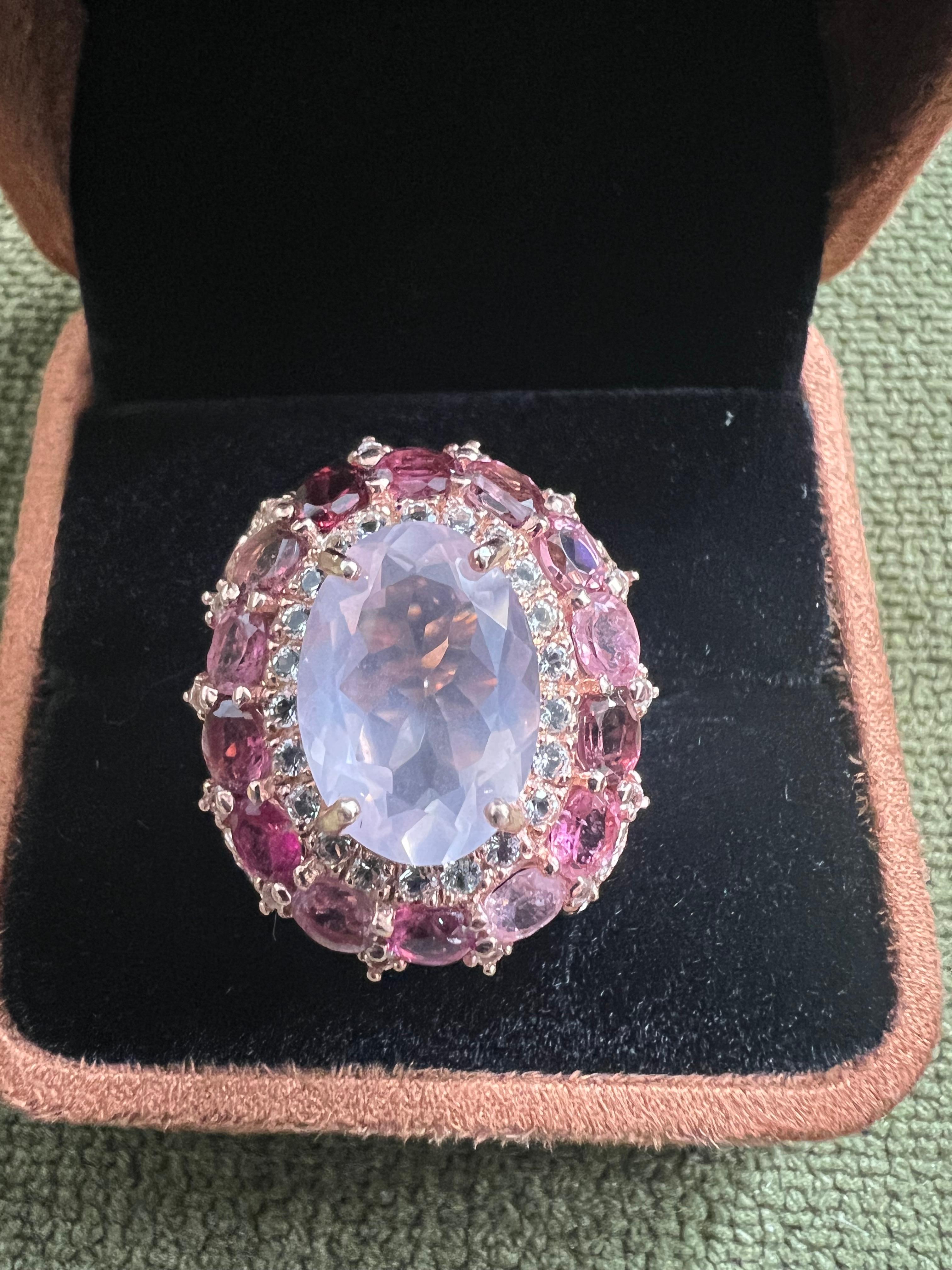 Bochic “Orient” Rose Rhodolite & Pink Quartz Ring Set In 18K Gold & Silver For Sale 4