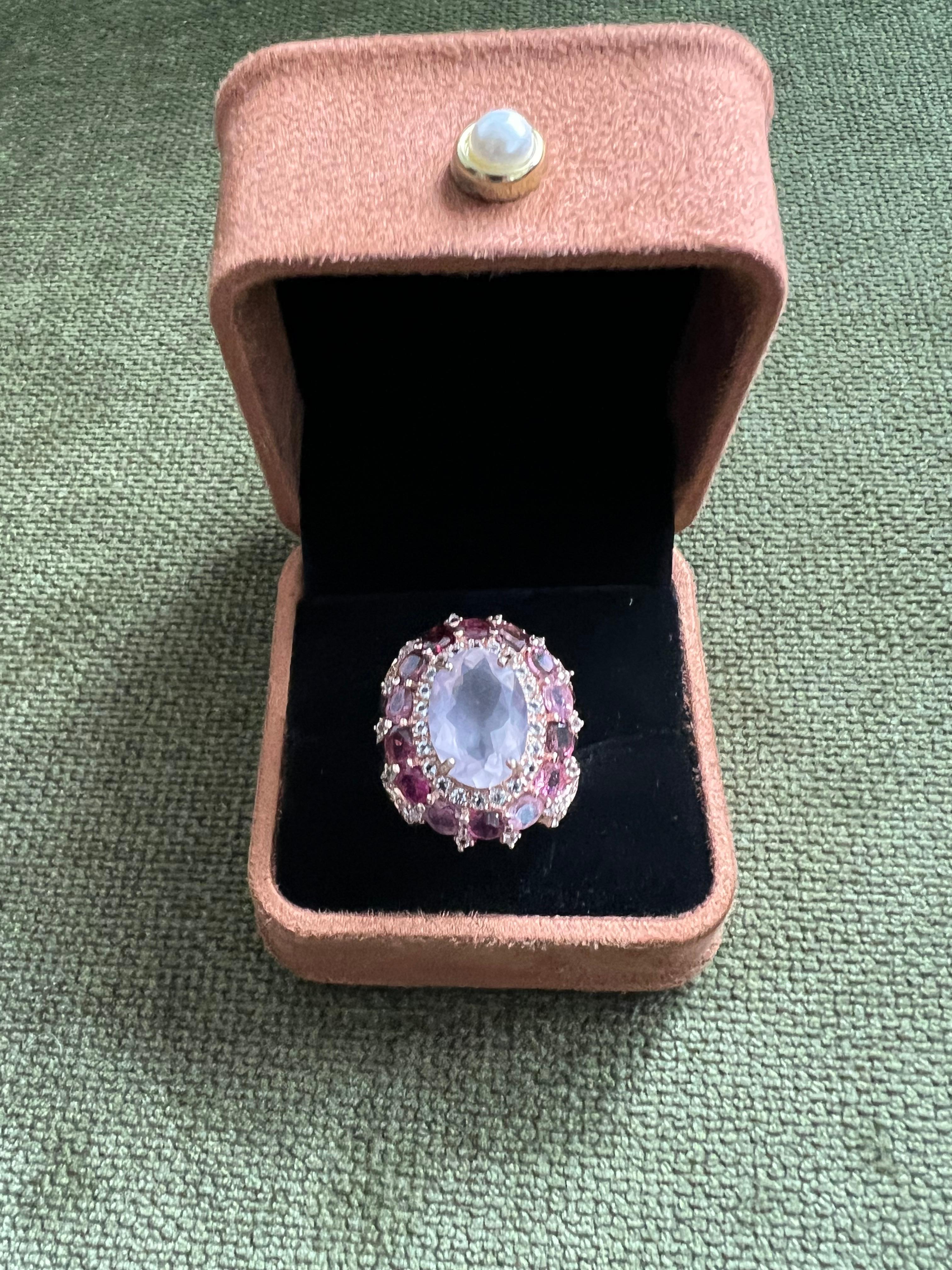 Bochic “Orient” Rose Rhodolite & Pink Quartz Ring Set In 18K Gold & Silver For Sale 5