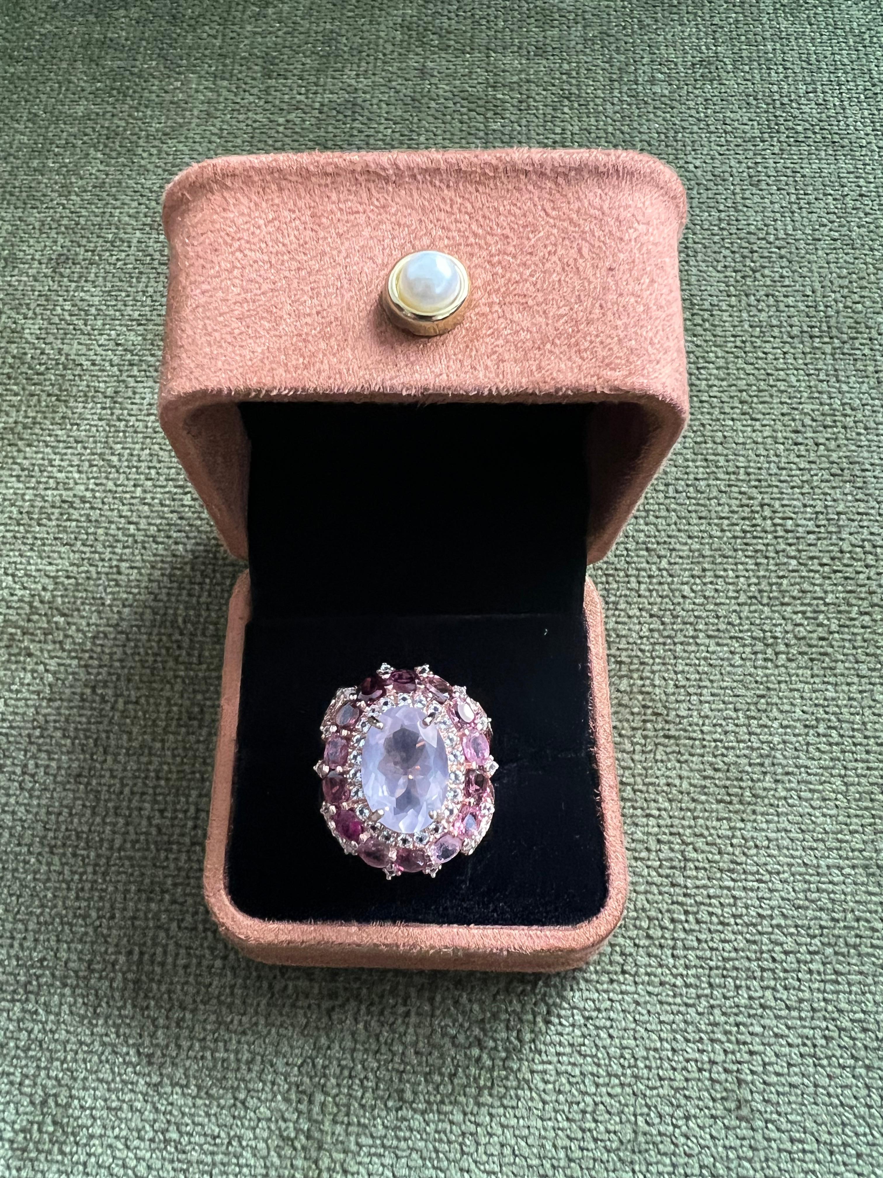 Bochic “Orient” Rose Rhodolite & Pink Quartz Ring Set In 18K Gold & Silver For Sale 6
