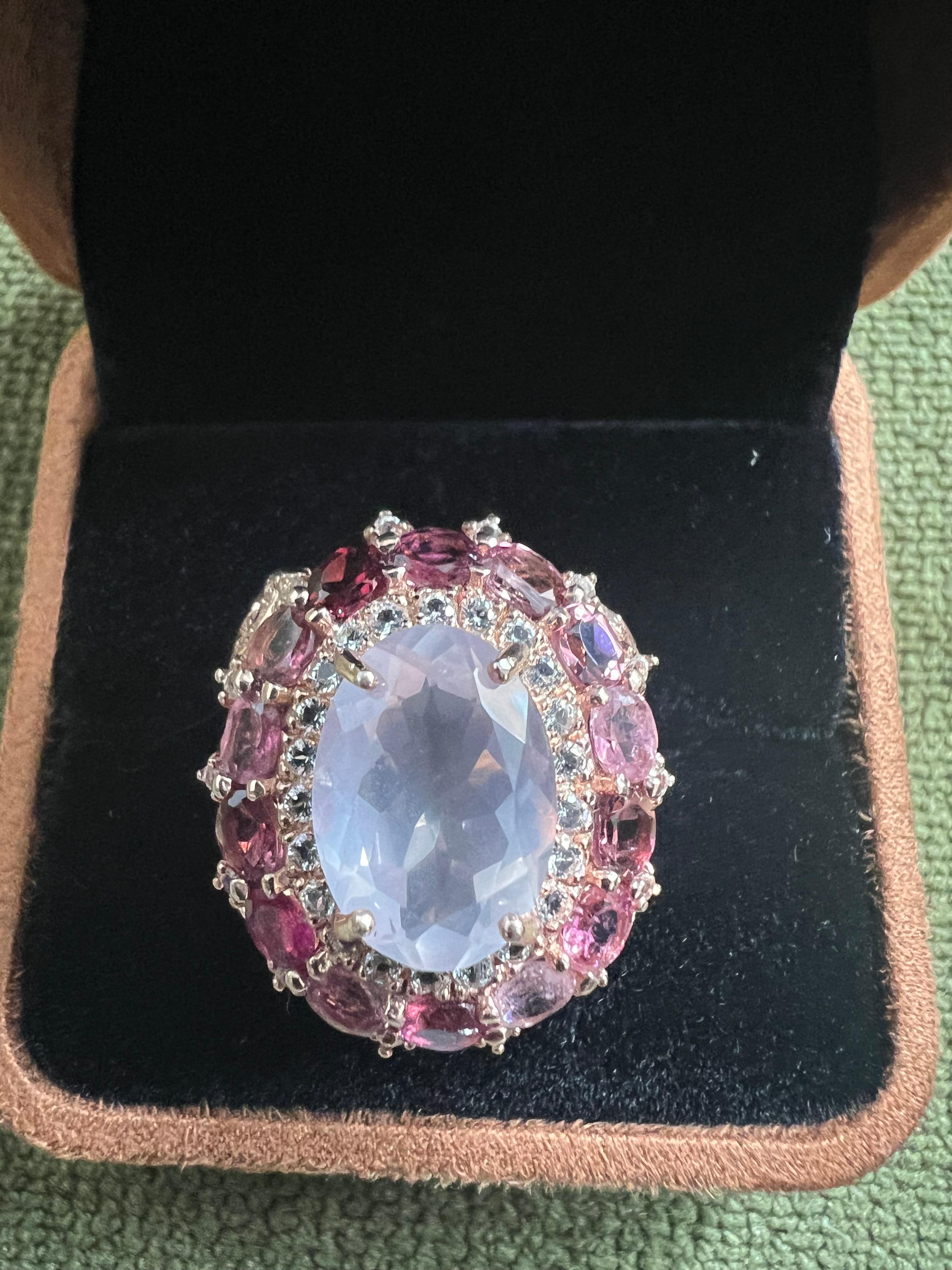 Bochic “Orient” Rose Rhodolite & Pink Quartz Ring Set In 18K Gold & Silver For Sale 7