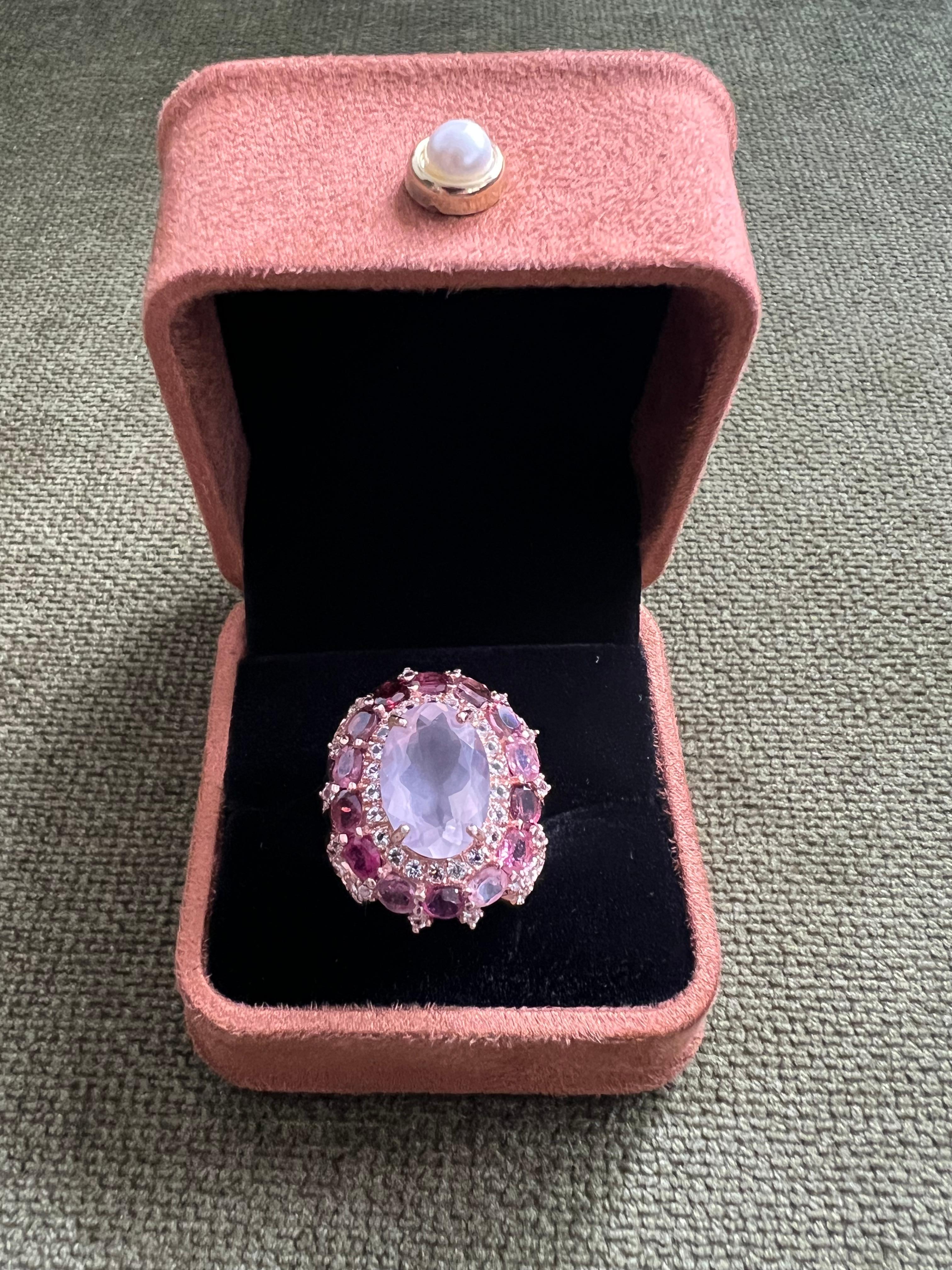 Rose Cut Bochic “Orient” Rose Rhodolite & Pink Quartz Ring Set In 18K Gold & Silver For Sale