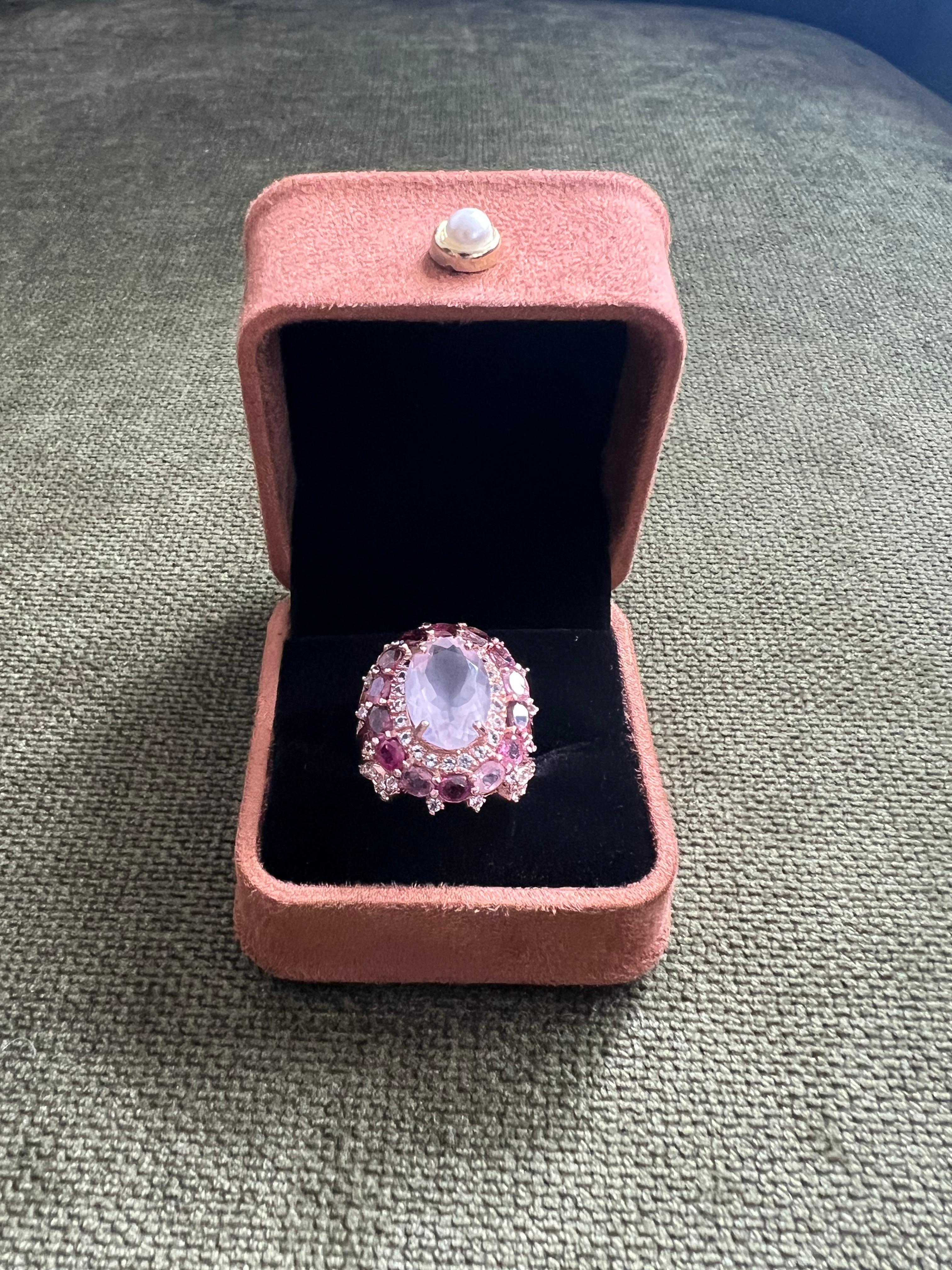 Women's or Men's Bochic “Orient” Rose Rhodolite & Pink Quartz Ring Set In 18K Gold & Silver For Sale