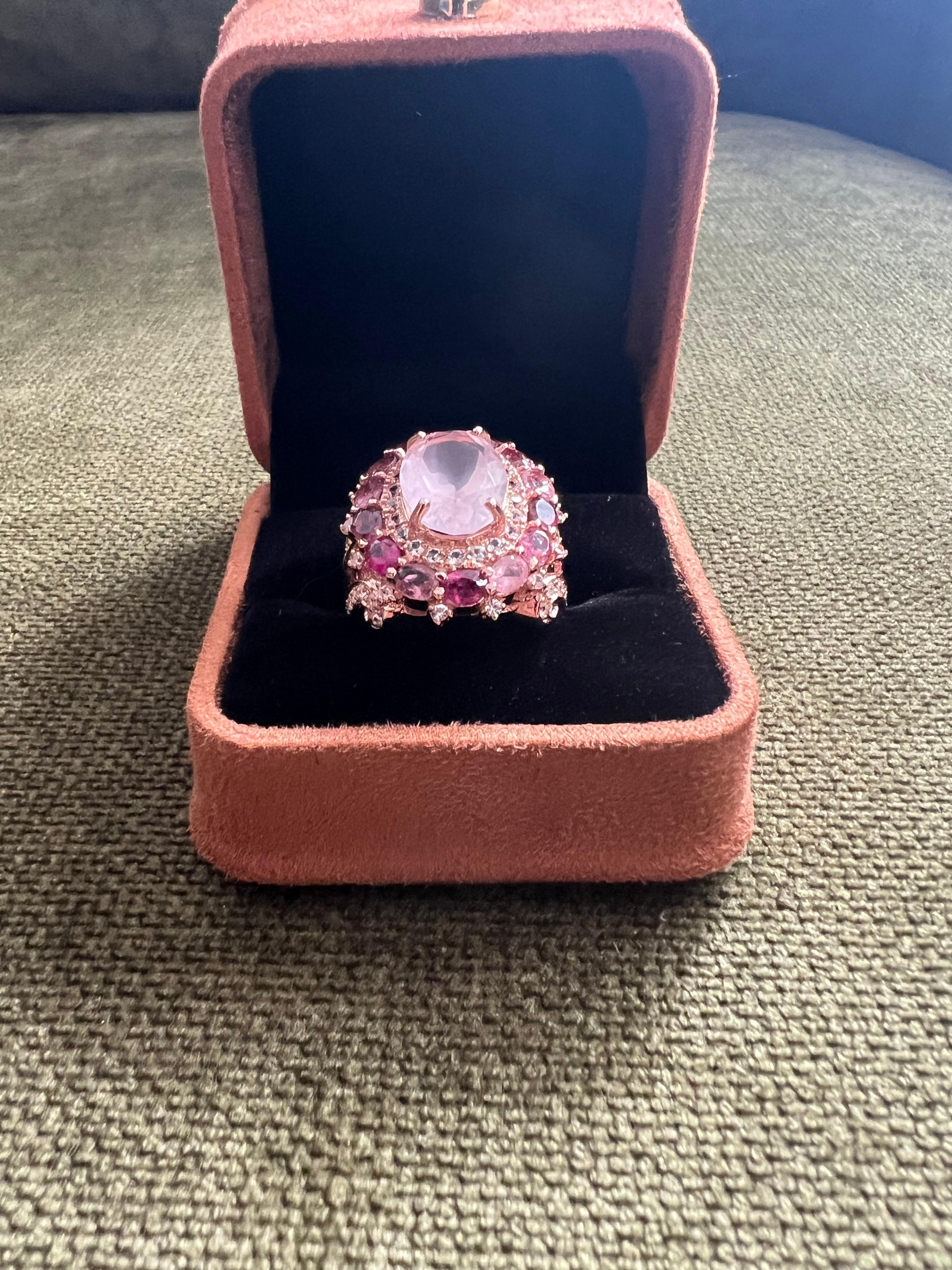 Bochic “Orient” Rose Rhodolite & Pink Quartz Ring Set In 18K Gold & Silver For Sale 1