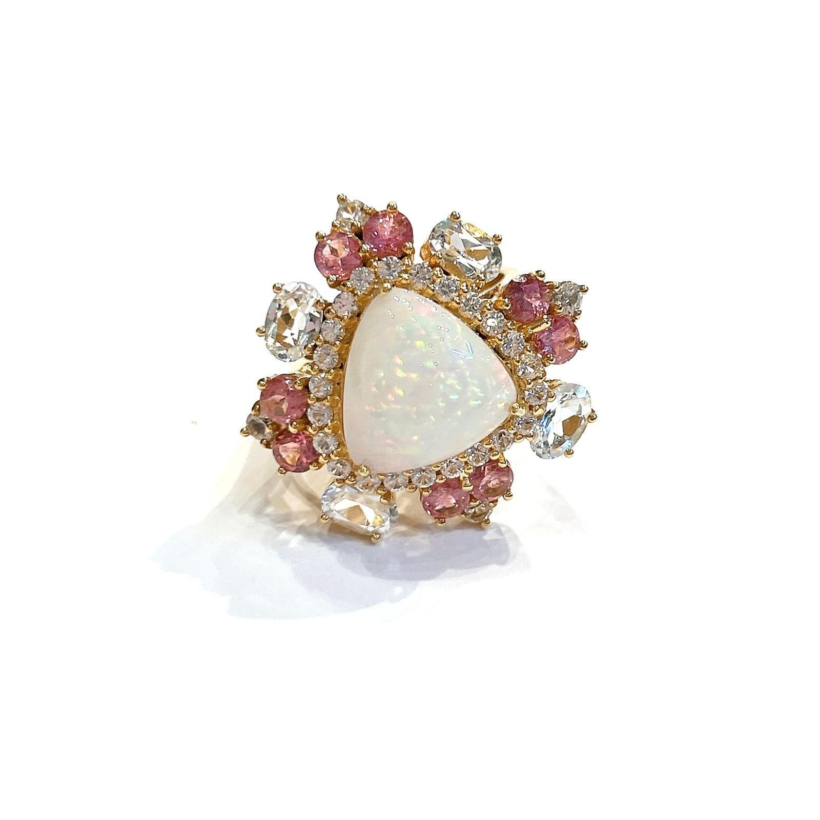 Rétro Bague cocktail Bochic Orient Rose Rodorite & Fire Opal, or blanc 18 carats et argent en vente
