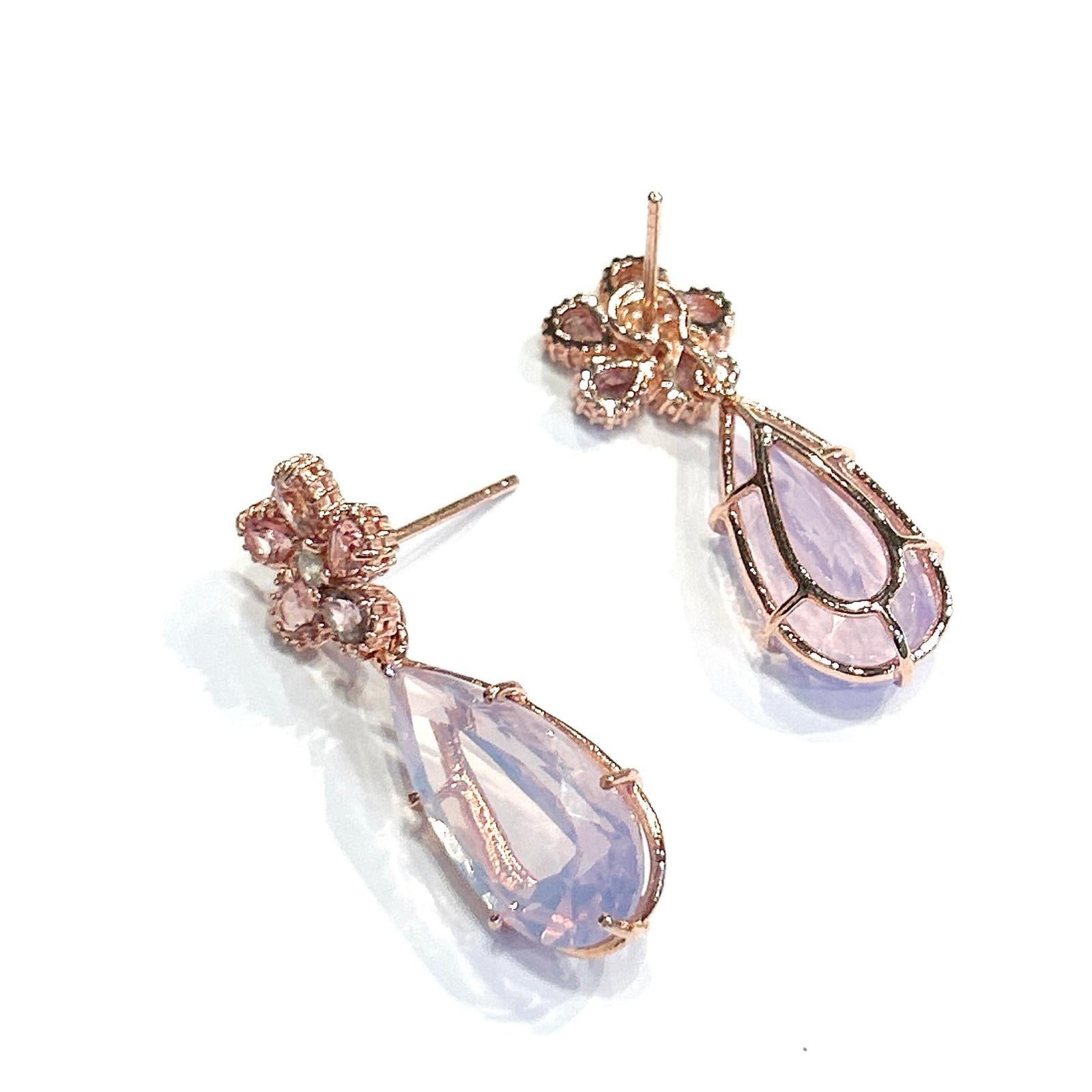 Baroque Bochic “Orient” Rose Rodorite & Pink Quartz Earrings Set In 18K Gold & Silver For Sale