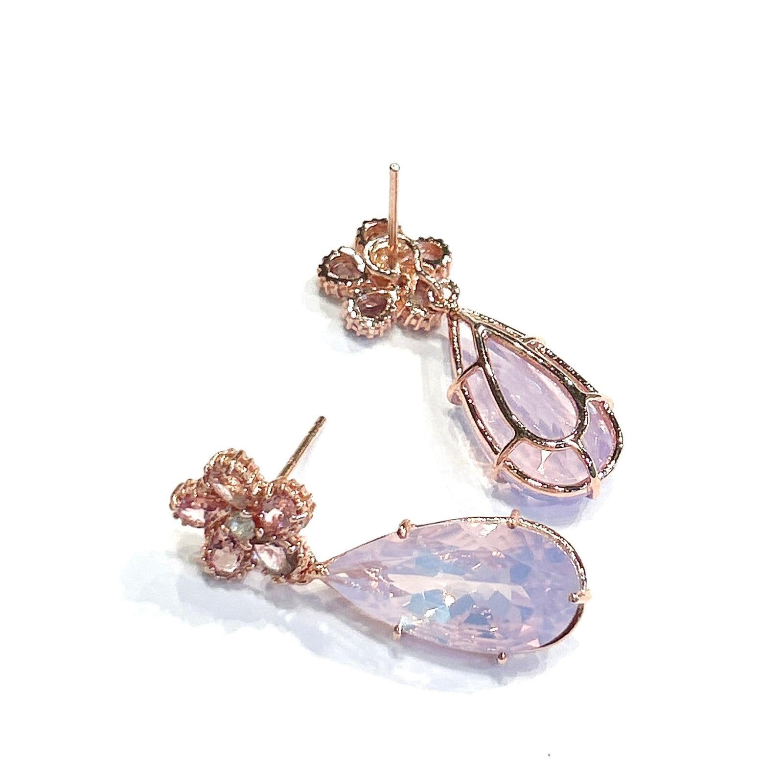 Rose Cut Bochic “Orient” Rose Rodorite & Pink Quartz Earrings Set In 18K Gold & Silver For Sale