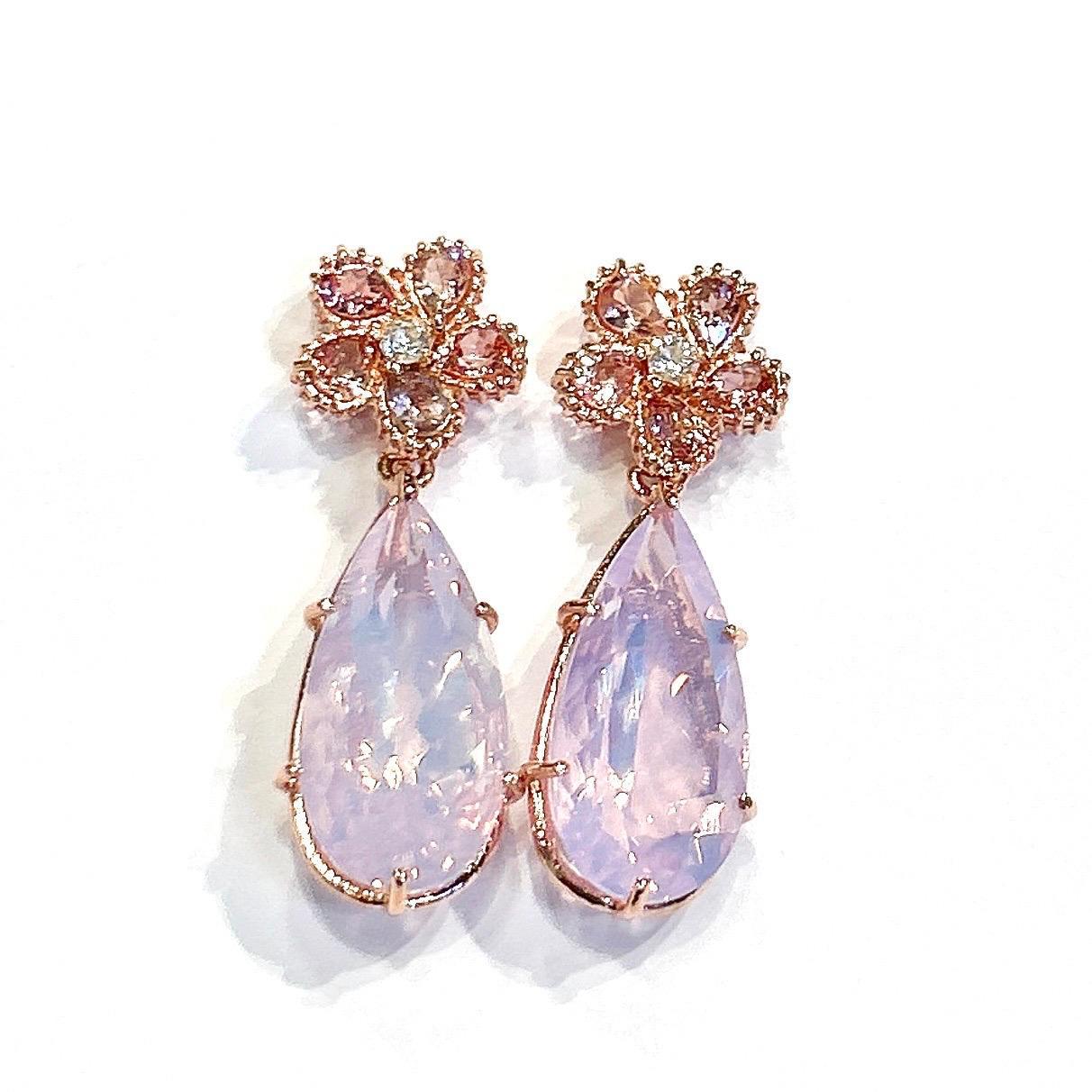 Bochic “Orient” Rose Rodorite & Pink Quartz Earrings Set In 18K Gold & Silver In New Condition For Sale In New York, NY