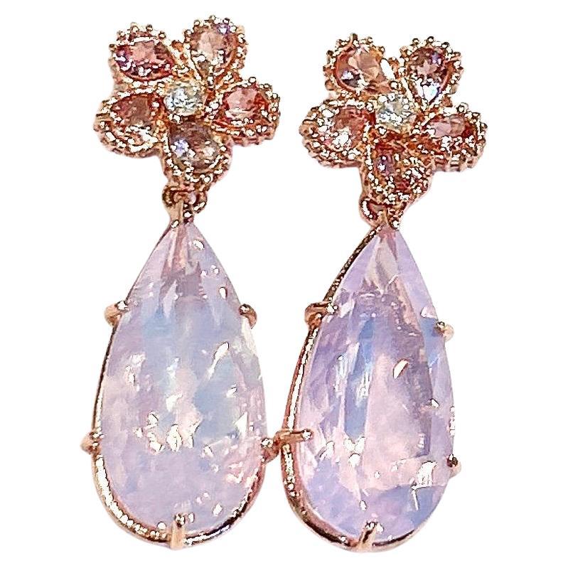 Pendientes Bochic "Oriente" de rodorita rosa y cuarzo rosa en oro de 18 quilates y plata