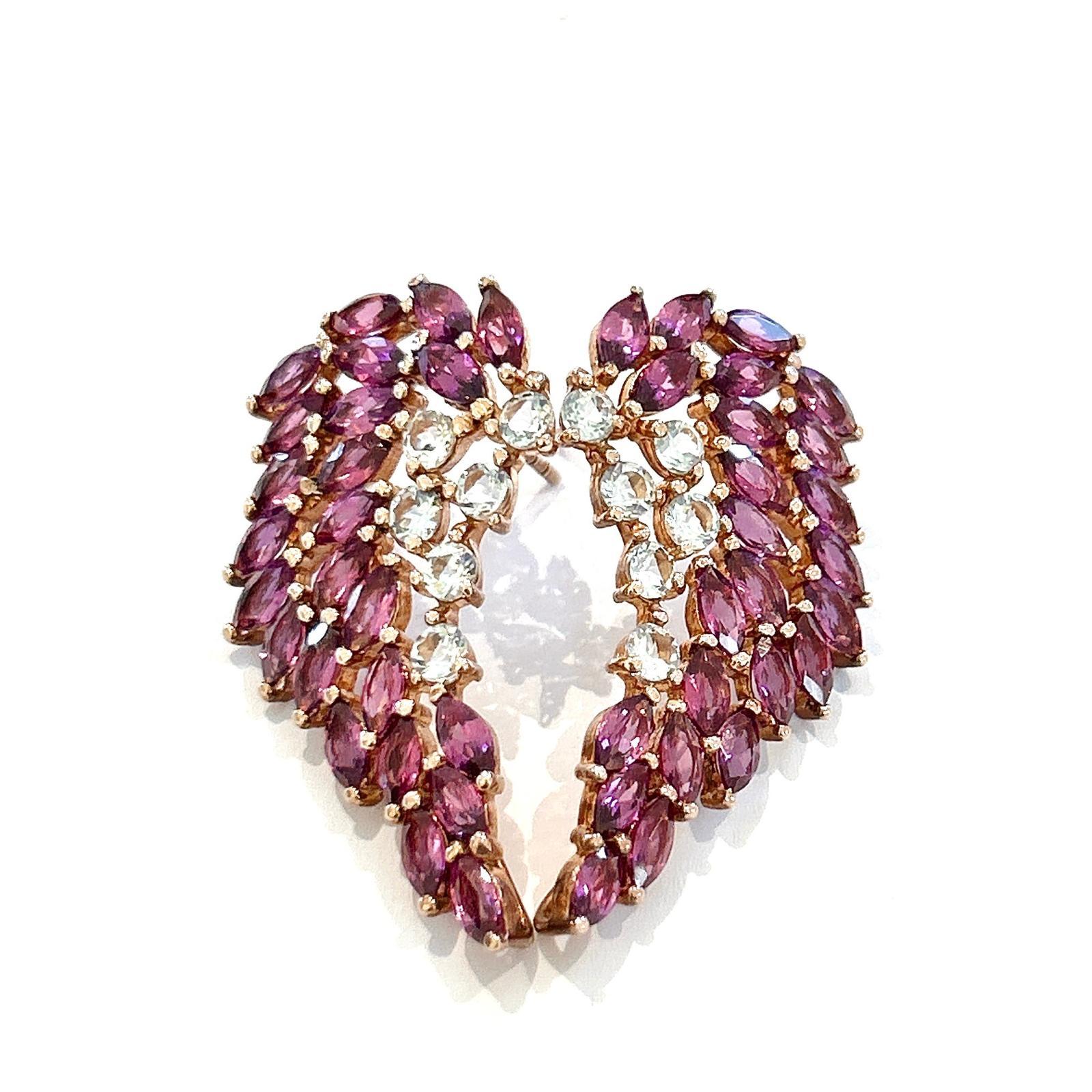 Bochic “Orient” Rose Rodorite & White Topaz Earrings Set In 18K Gold&Silver For Sale 1
