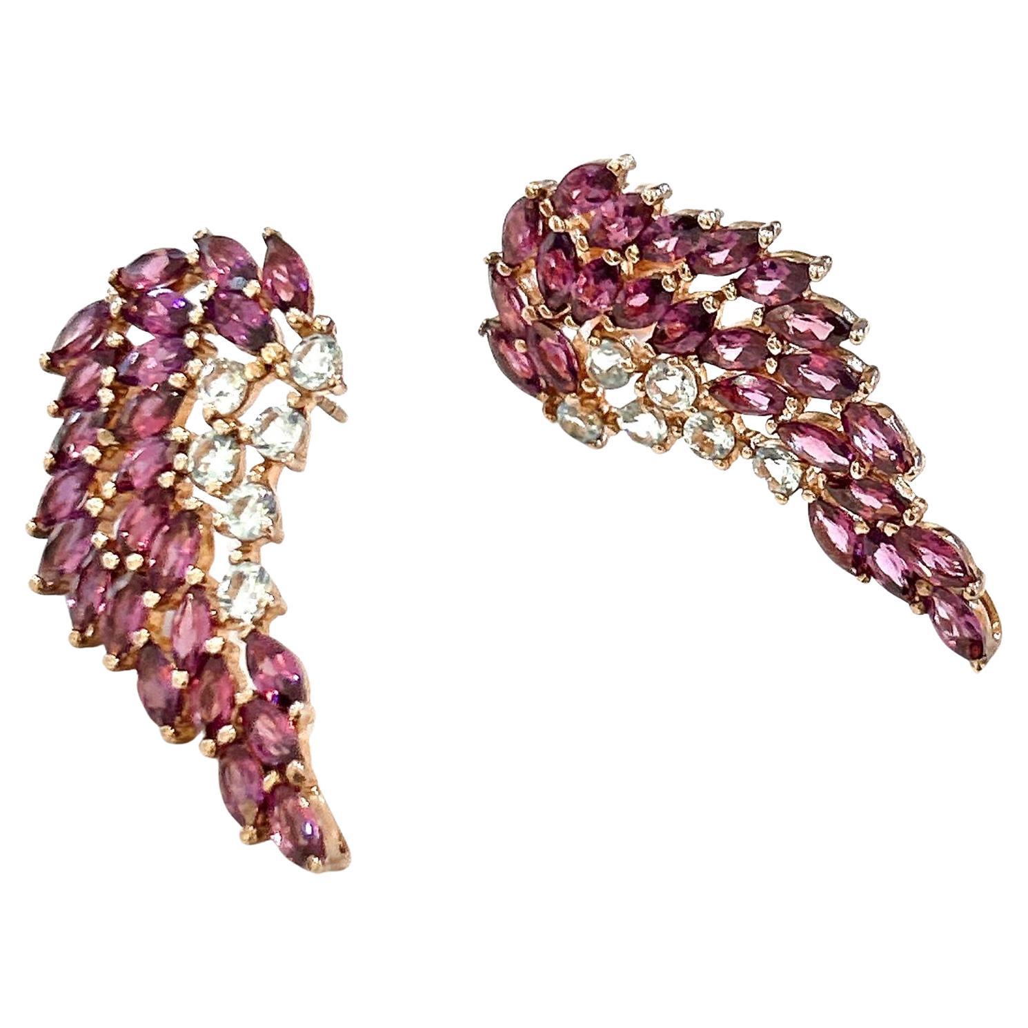 Bochic “Orient” Rose Rodorite & White Topaz Earrings Set In 18K Gold&Silver