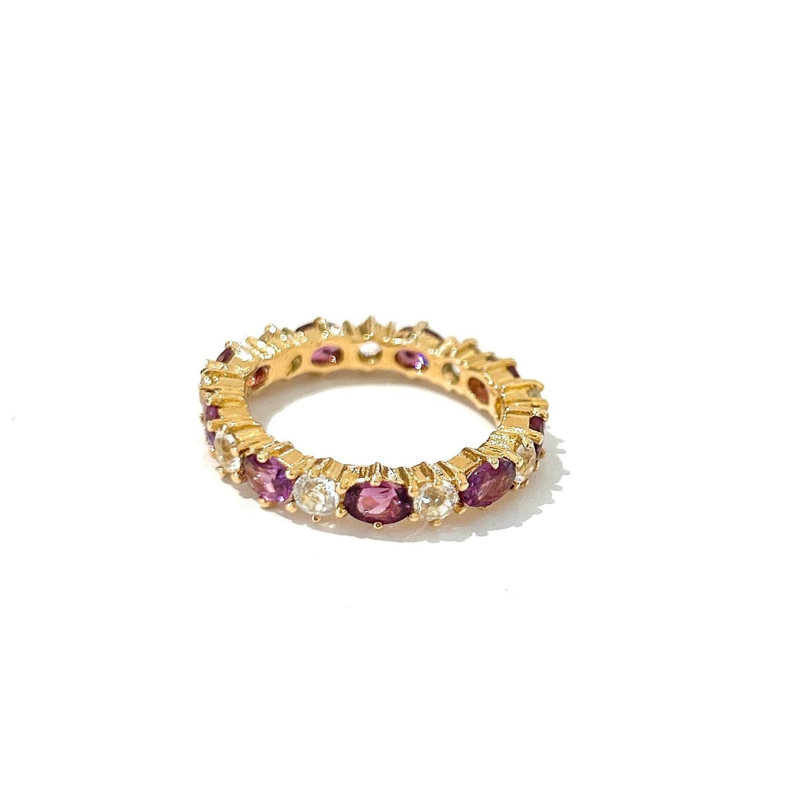 Art Deco Bochic “Orient” Rose Rodrite & White Topaz Eternity Band Ring 18K Gold & Silver For Sale