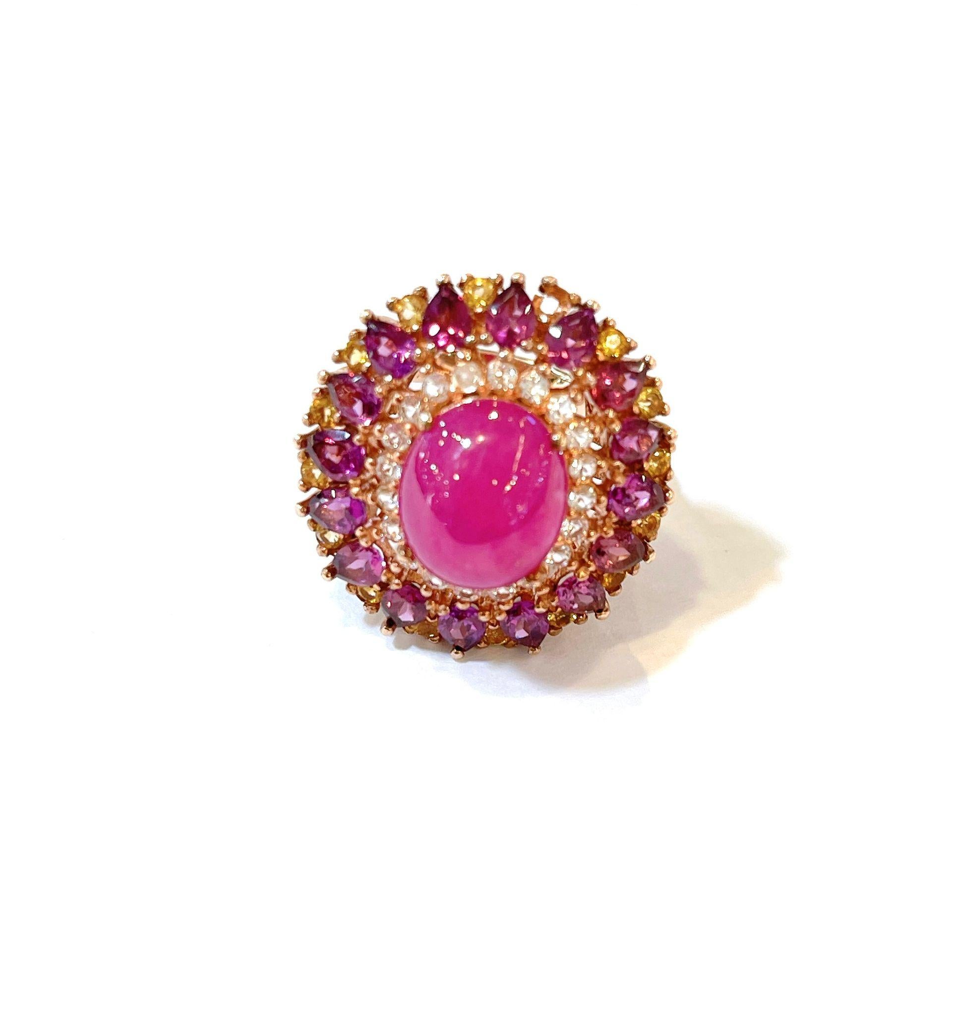Bochic “Orient” Ruby, Amethyst & Multi Gem Cocktail ring In 18K Gold & Silver 

Natural Red Ruby Cabochon - 6 Carat 
Natural Amethyst - 4 Carat 
Natural Yellow Sapphire 2 Carat 
Natural White Topaz - 2 Carat 

This Ring is from the 