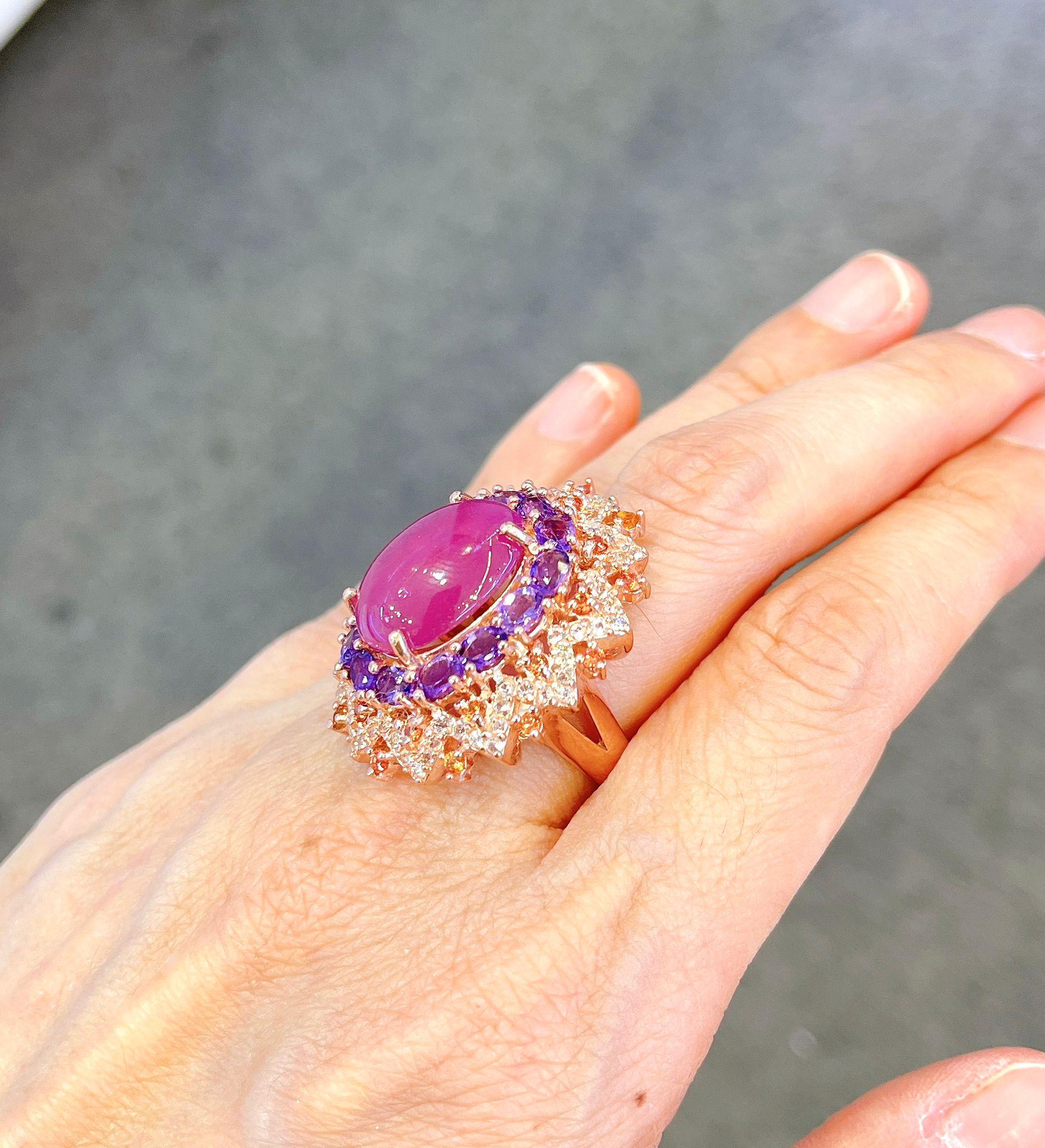 Brilliant Cut Bochic “Orient” Ruby, Amethyst & Multi Gem Cocktail Ring In 18K Gold & Silver For Sale