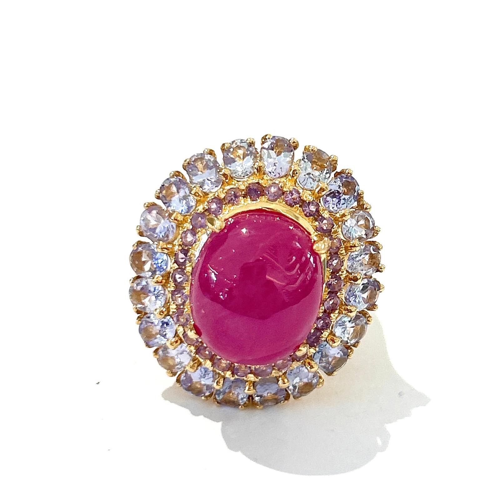 Brilliant Cut Bochic “Orient” Ruby, Amethyst & Multi Gem Cocktail ring  In 18K Gold & Silver For Sale