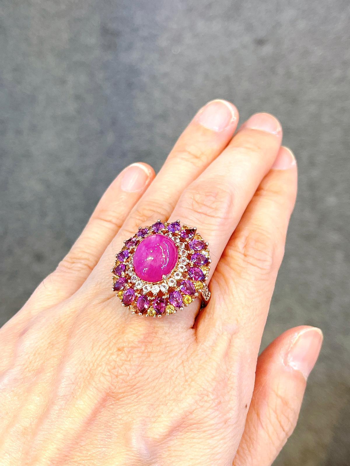 Brilliant Cut Bochic “Orient” Ruby, Amethyst & Multi Gem Cocktail ring In 18K Gold & Silver For Sale