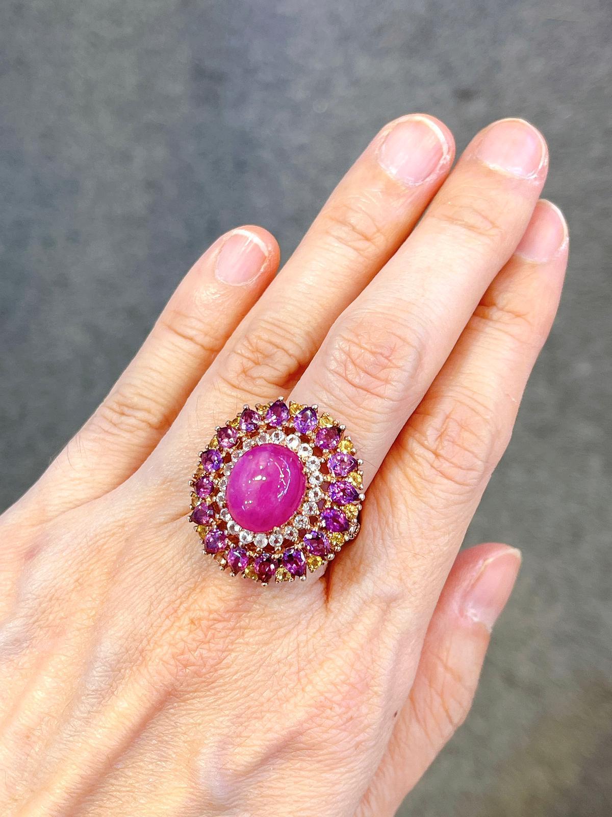 Bochic “Orient” Ruby, Amethyst & Multi Gem Cocktail ring In 18K Gold & Silver In New Condition For Sale In New York, NY