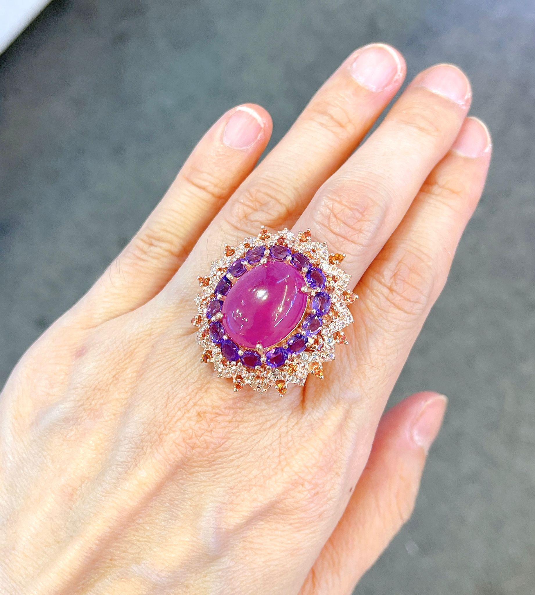 Bochic “Orient” Ruby, Amethyst & Multi Gem Cocktail Ring In 18K Gold & Silver For Sale 1