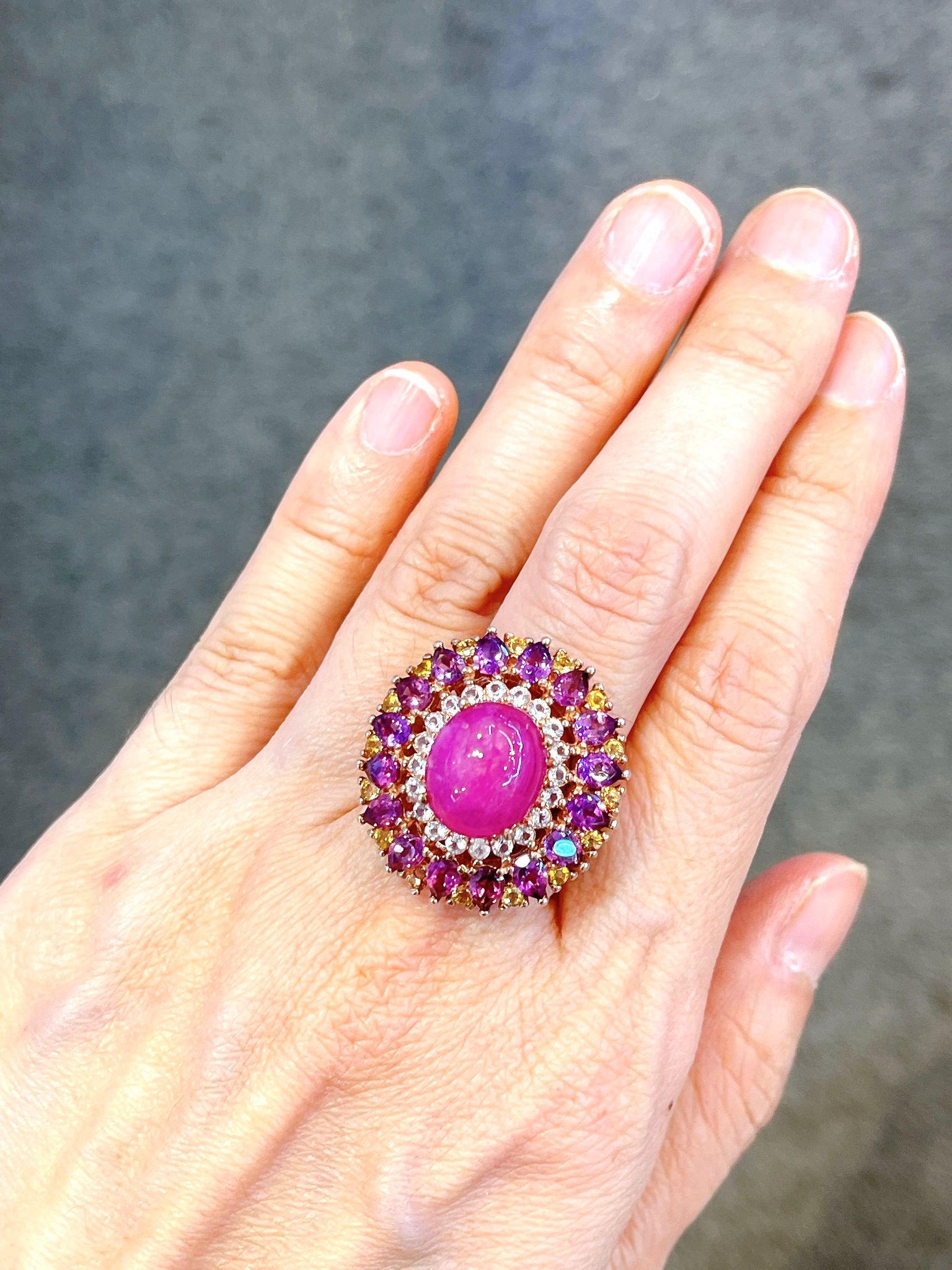 Bochic “Orient” Ruby, Amethyst & Multi Gem Cocktail ring In 18K Gold & Silver For Sale 2