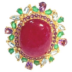 Bochic “Orient” Ruby, Amethyst 
Multi Gem Cocktail Ring Set 18K Gold 
Silver