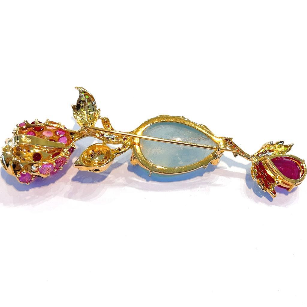 Bochic “Orient” Ruby, Aquamarine & Garnet Brooch Set In 18K Gold & Silver  In New Condition For Sale In New York, NY