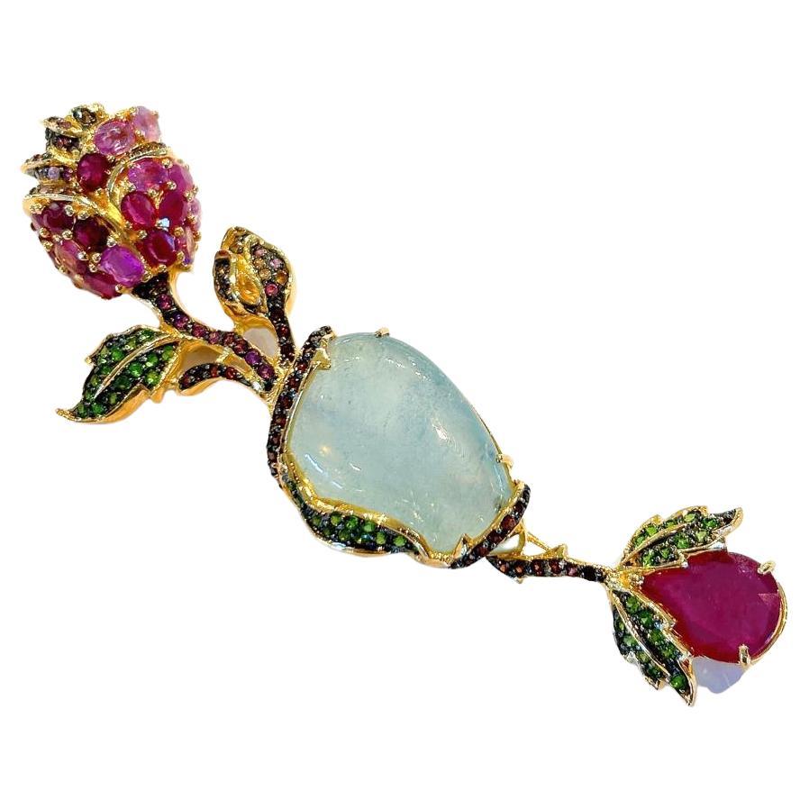 Bochic “Orient” Ruby, Aquamarine & Garnet Brooch Set In 18K Gold & Silver 