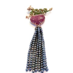 Bochic “Orient” Ruby & Black Pearl Brooch Set In 18K Gold & Silver