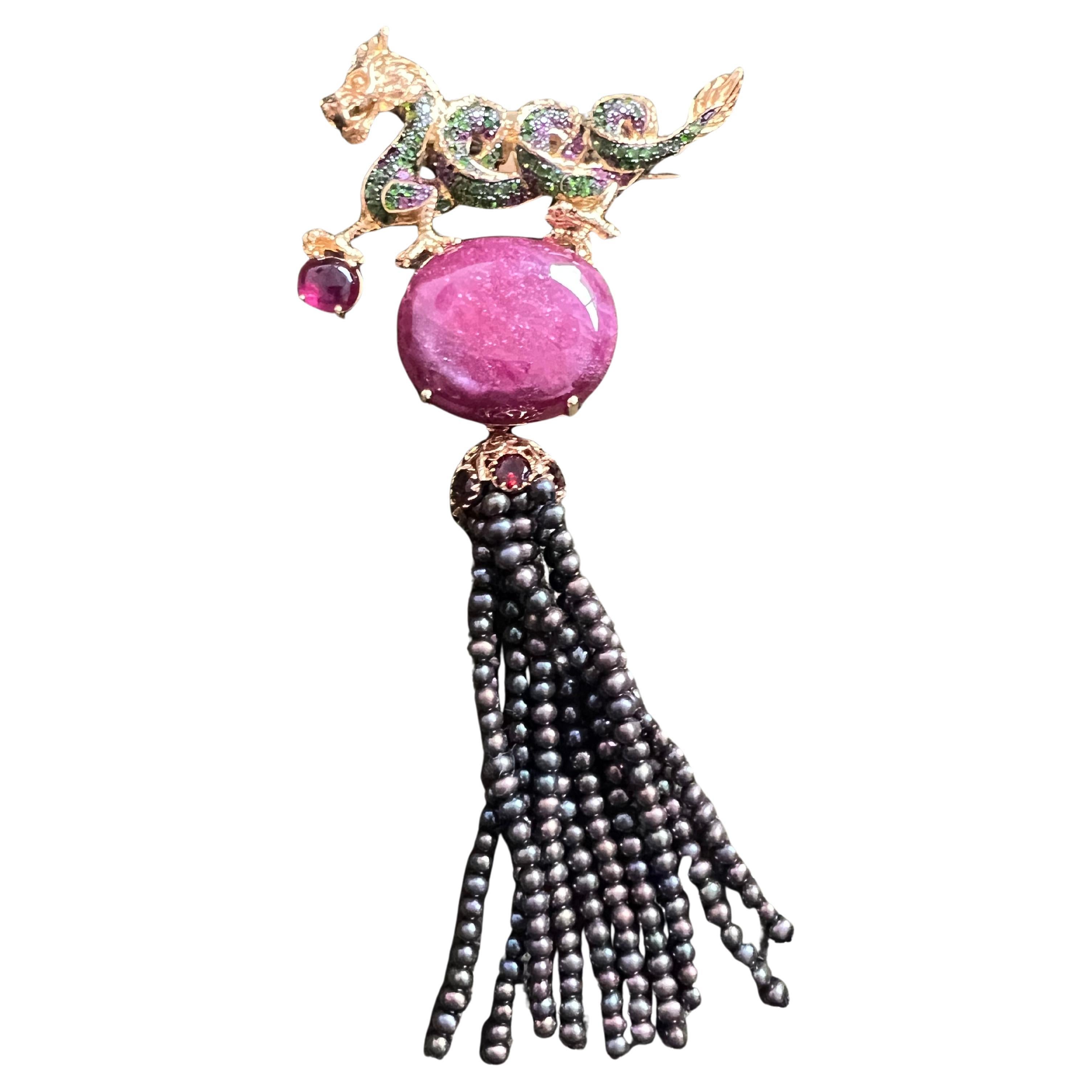 Bochic “Orient” Ruby & Black Pearl Brooch Set In 18K Gold & Silver