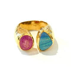 Bochic “Orient” Ruby & Blue Opal Vintage 2 Gem Ring Set 18K & Silver