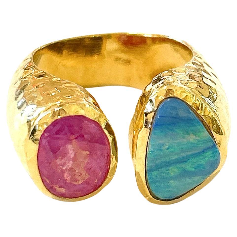 Bochic “Orient” Ruby & Blue Opal Vintage 2 Gem Ring Set 18K & Silver  For Sale
