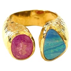 Bochic “Orient” Ruby & Blue Opal Vintage 2 Gem Ring Set 18K & Silver 